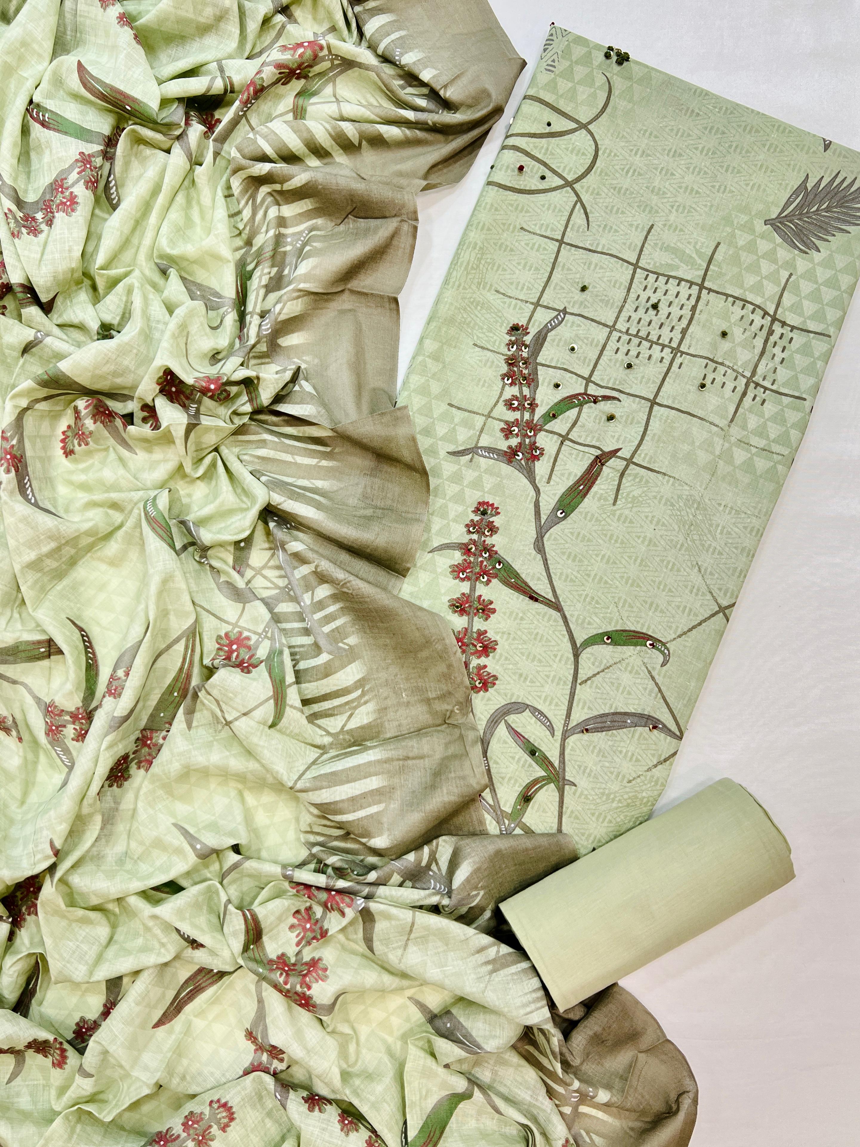 Floral Printed Cotton Unstitched Suit Set with Dupatta