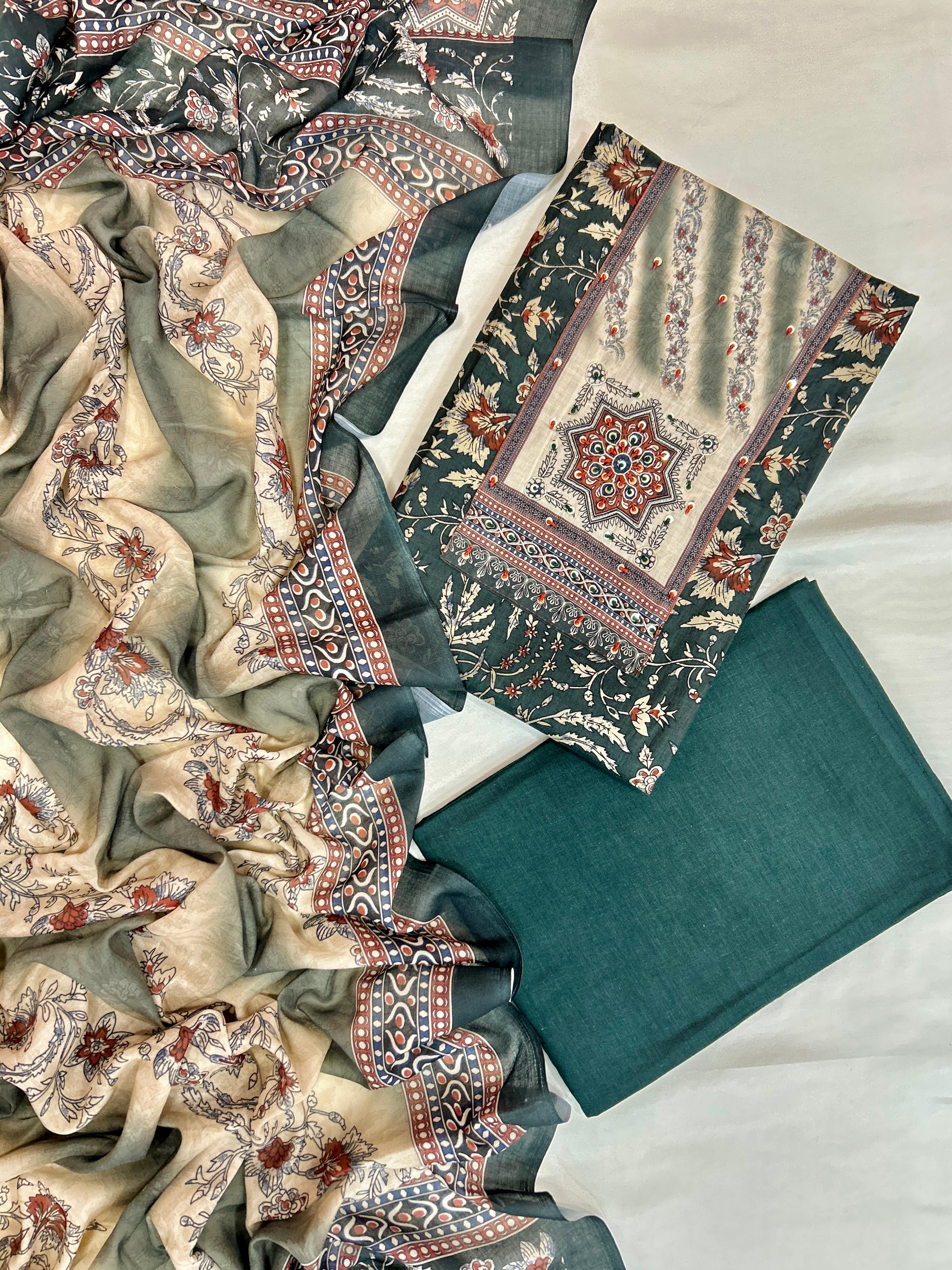 Teal Green Printed Suit Set with Designer Dupatta