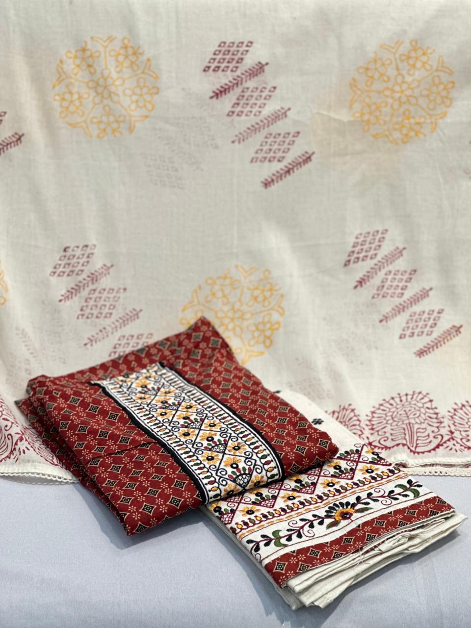 Traditional Handloom Cotton Unstitched Suit Set with Embroidered Neck Panel