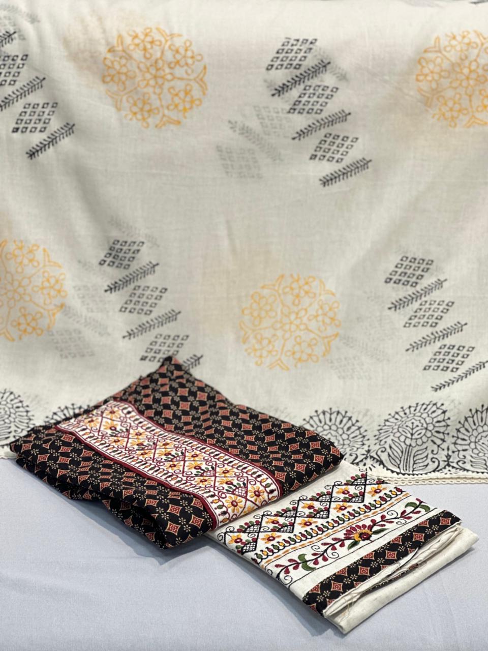 Traditional Handloom Cotton Unstitched Suit Set with Embroidered Neck Panel