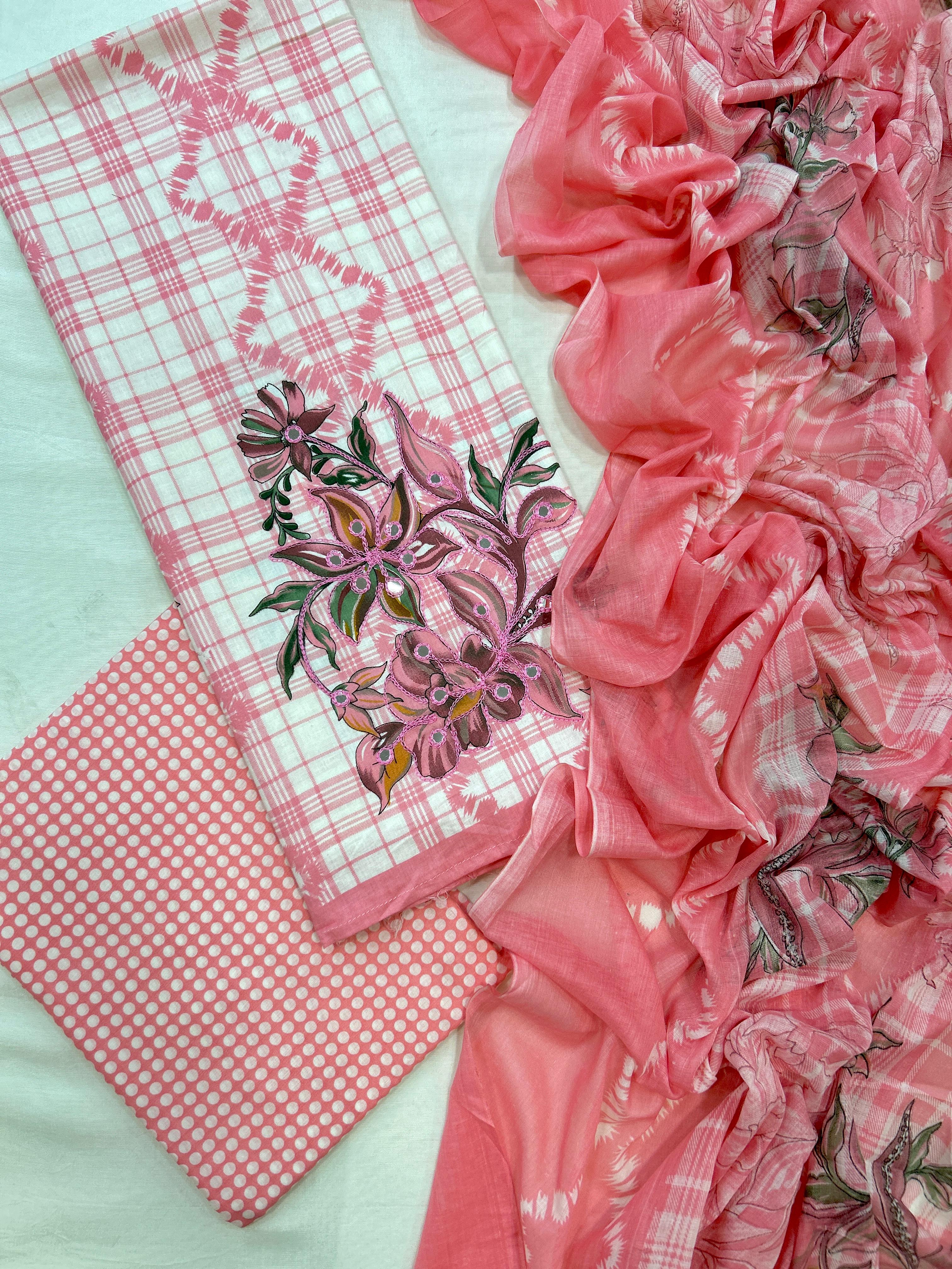 Floral Unstitched Suit with Printed Dupatta