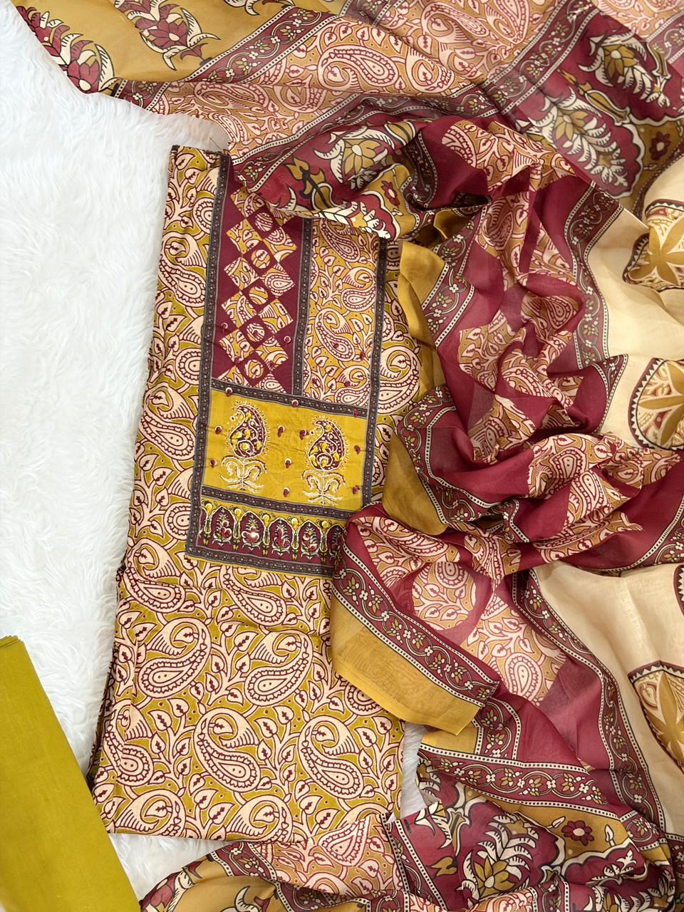 Paisley Ethnic Print Soft Cotton Unstitched Suit with Dupatta
