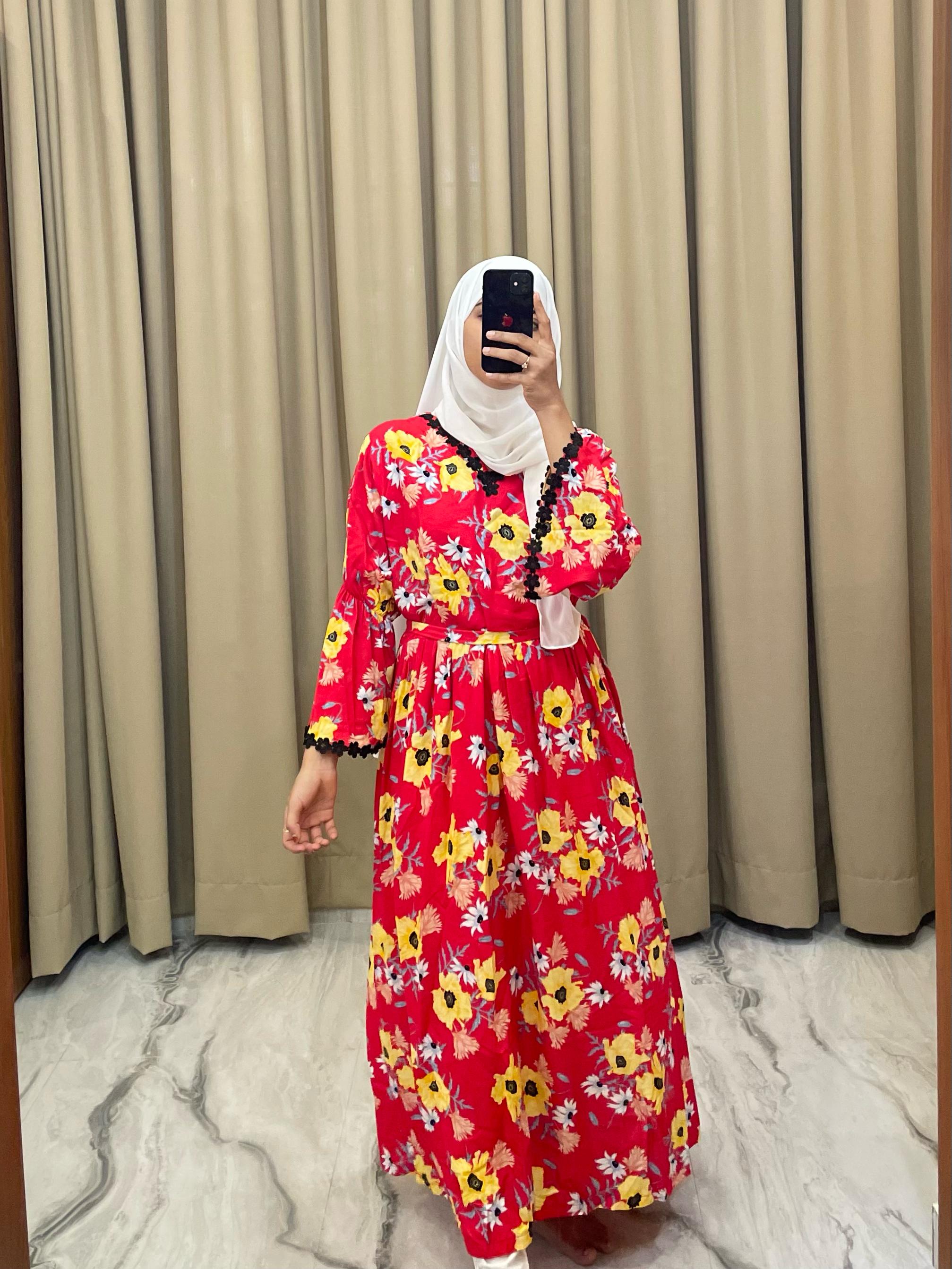 Red Floral Maxi Dress with Waist Tie – Premium Rayon Cotton