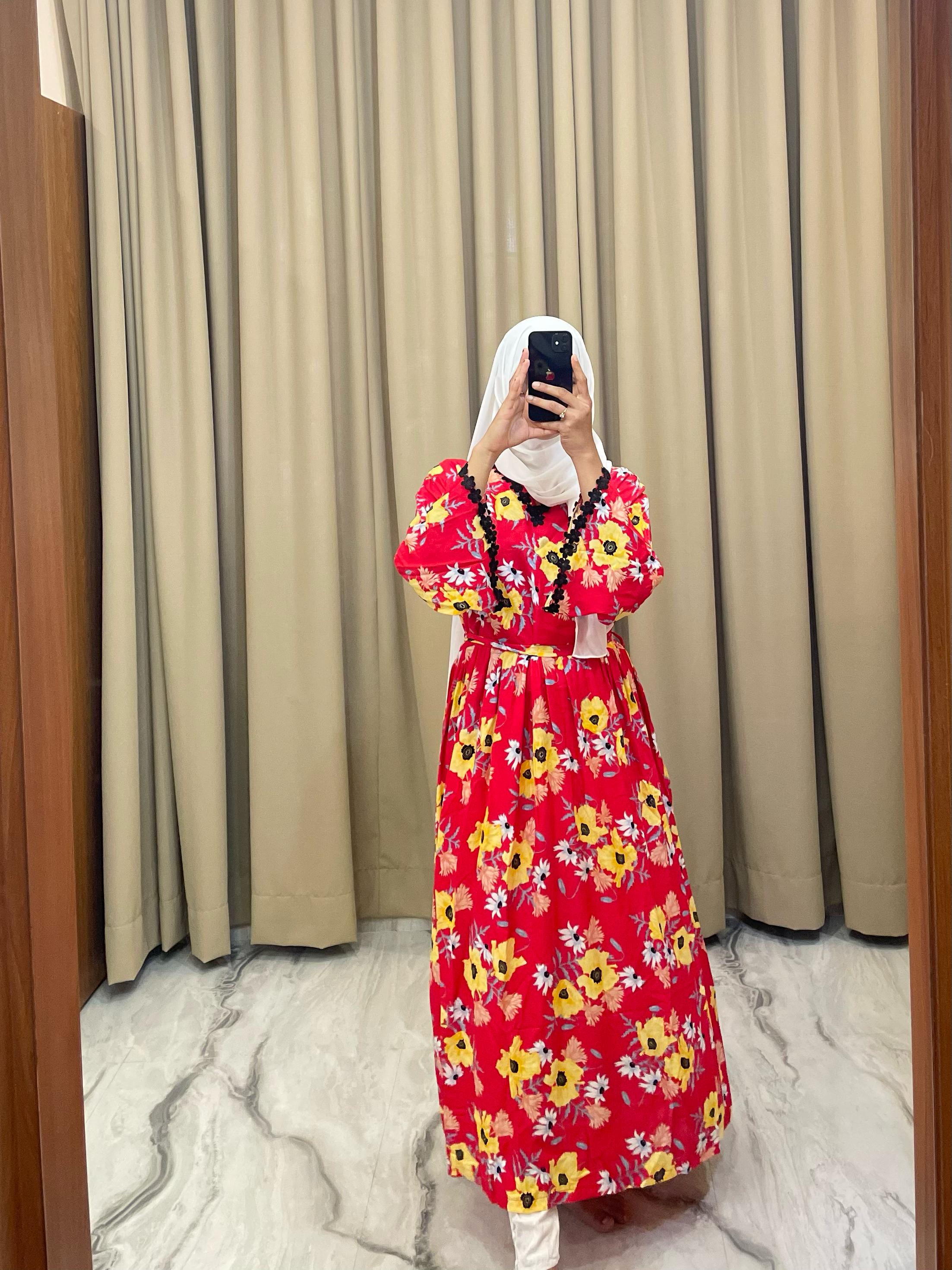 Red Floral Maxi Dress with Waist Tie – Premium Rayon Cotton