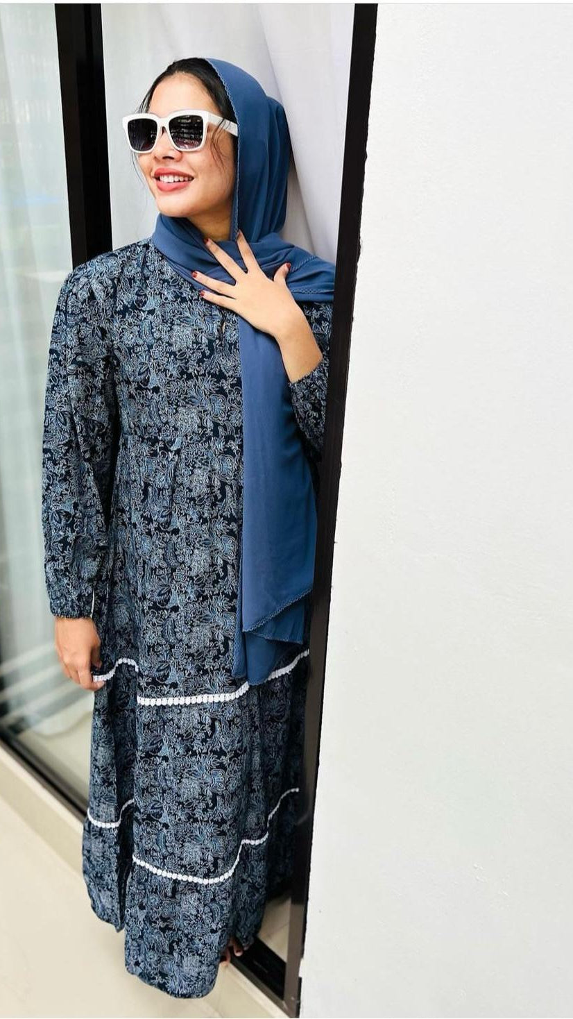 Midnight Blue Premium Rayon Cotton Printed Maxi Dress