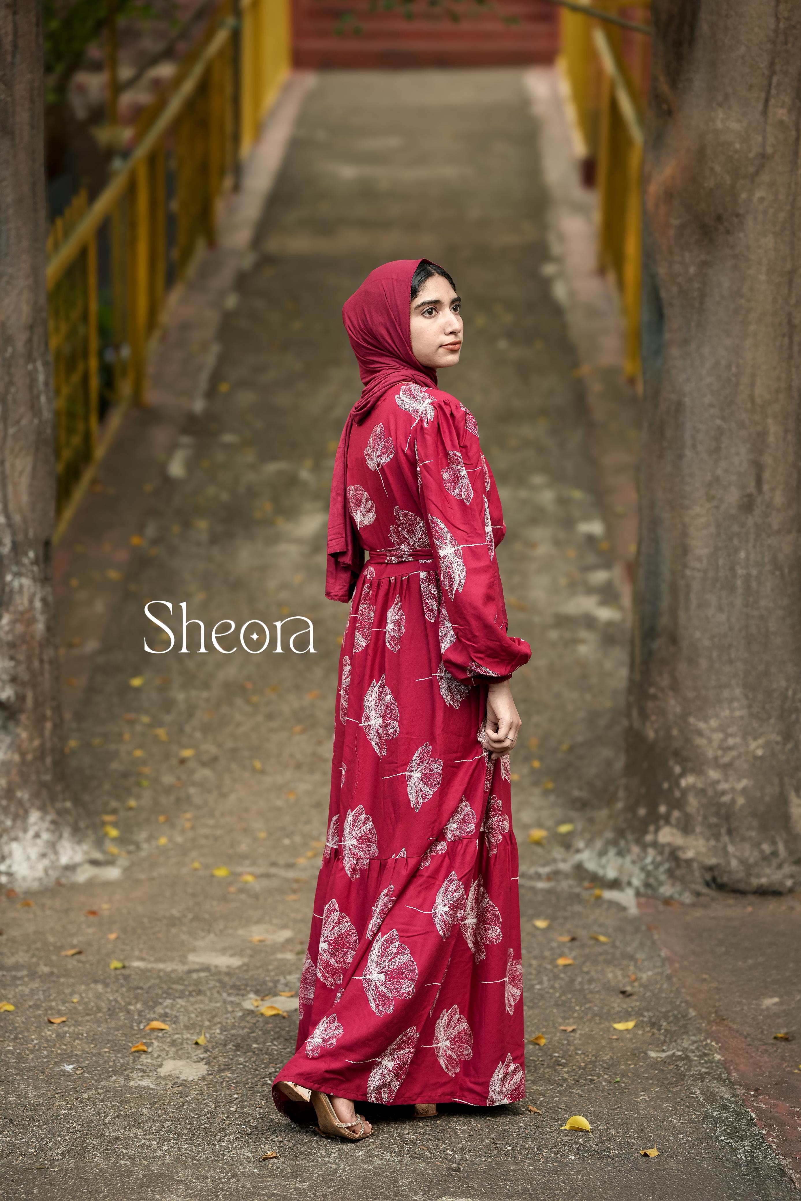 Maroon Leaf Print Maxi Dress