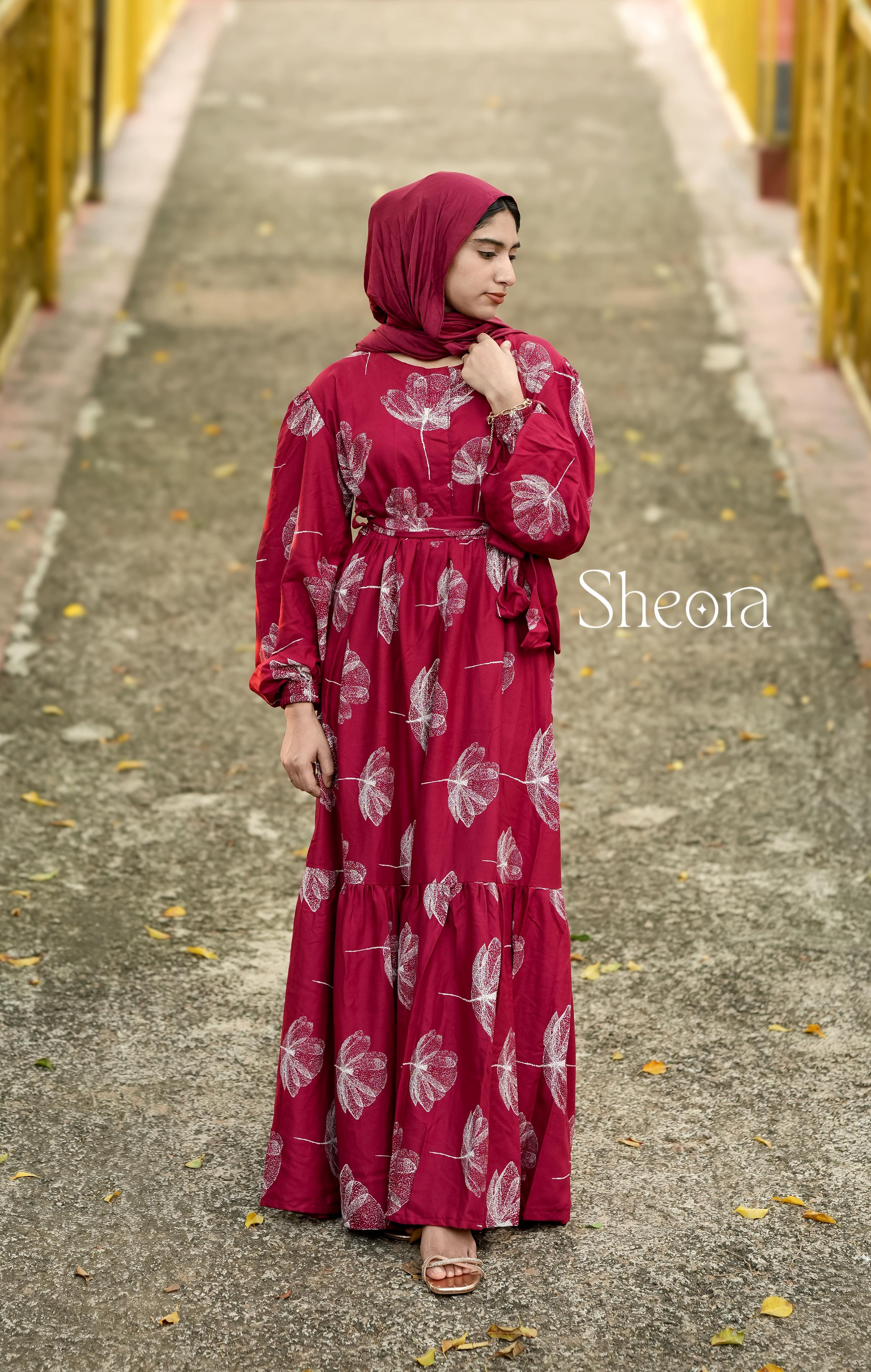 Maroon Leaf Print Maxi Dress