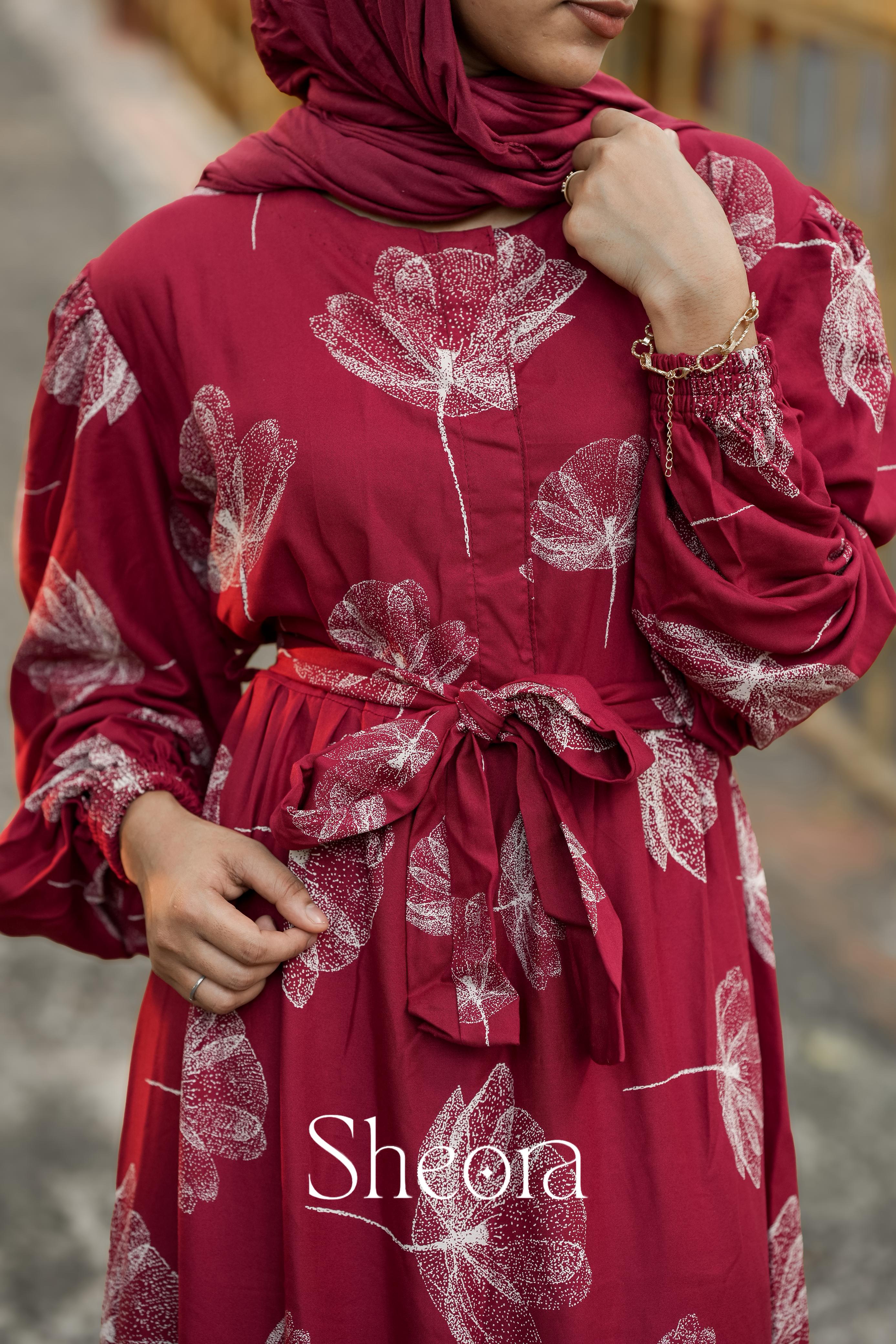 Maroon Leaf Print Maxi Dress
