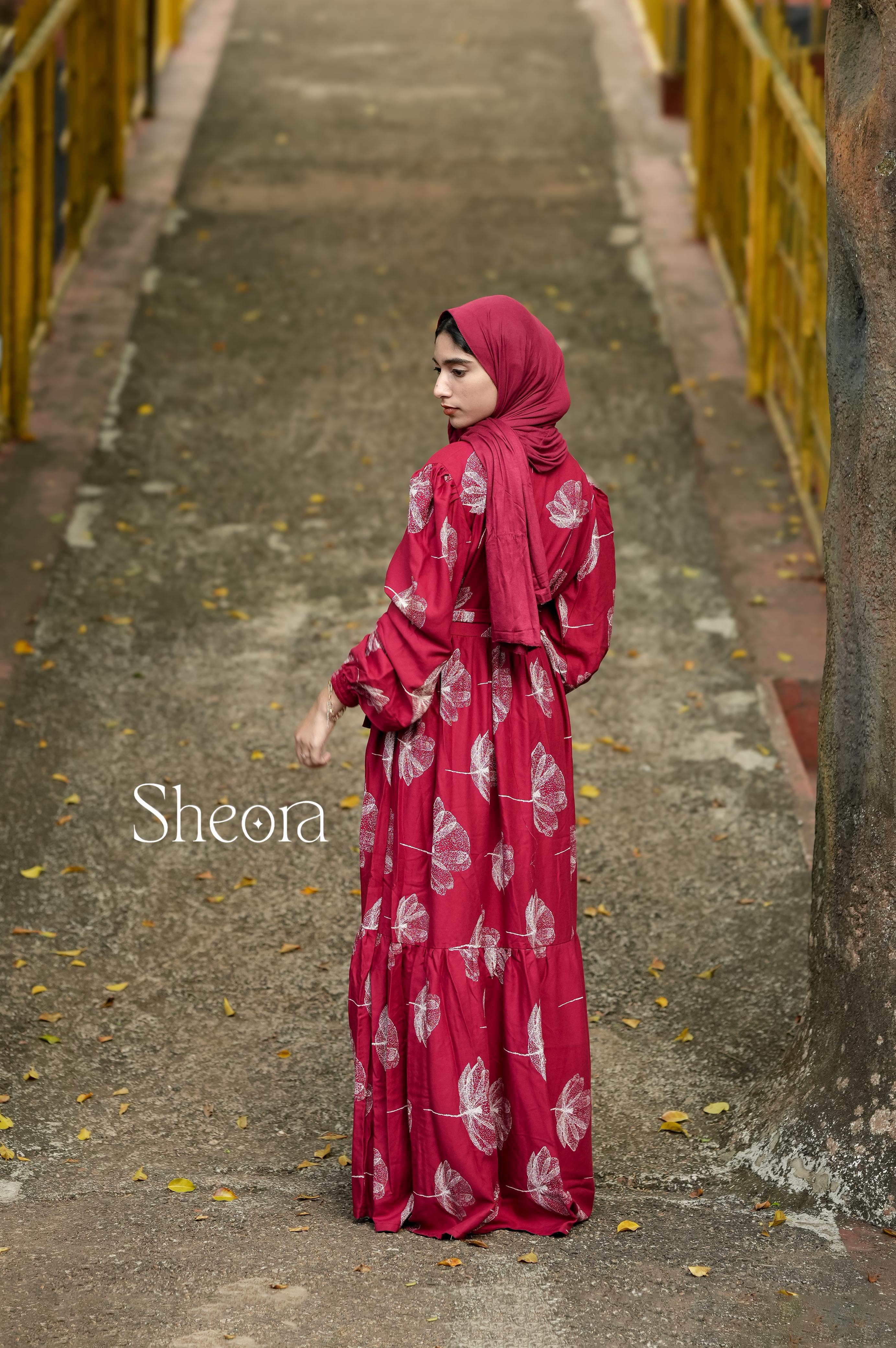 Maroon Leaf Print Maxi Dress
