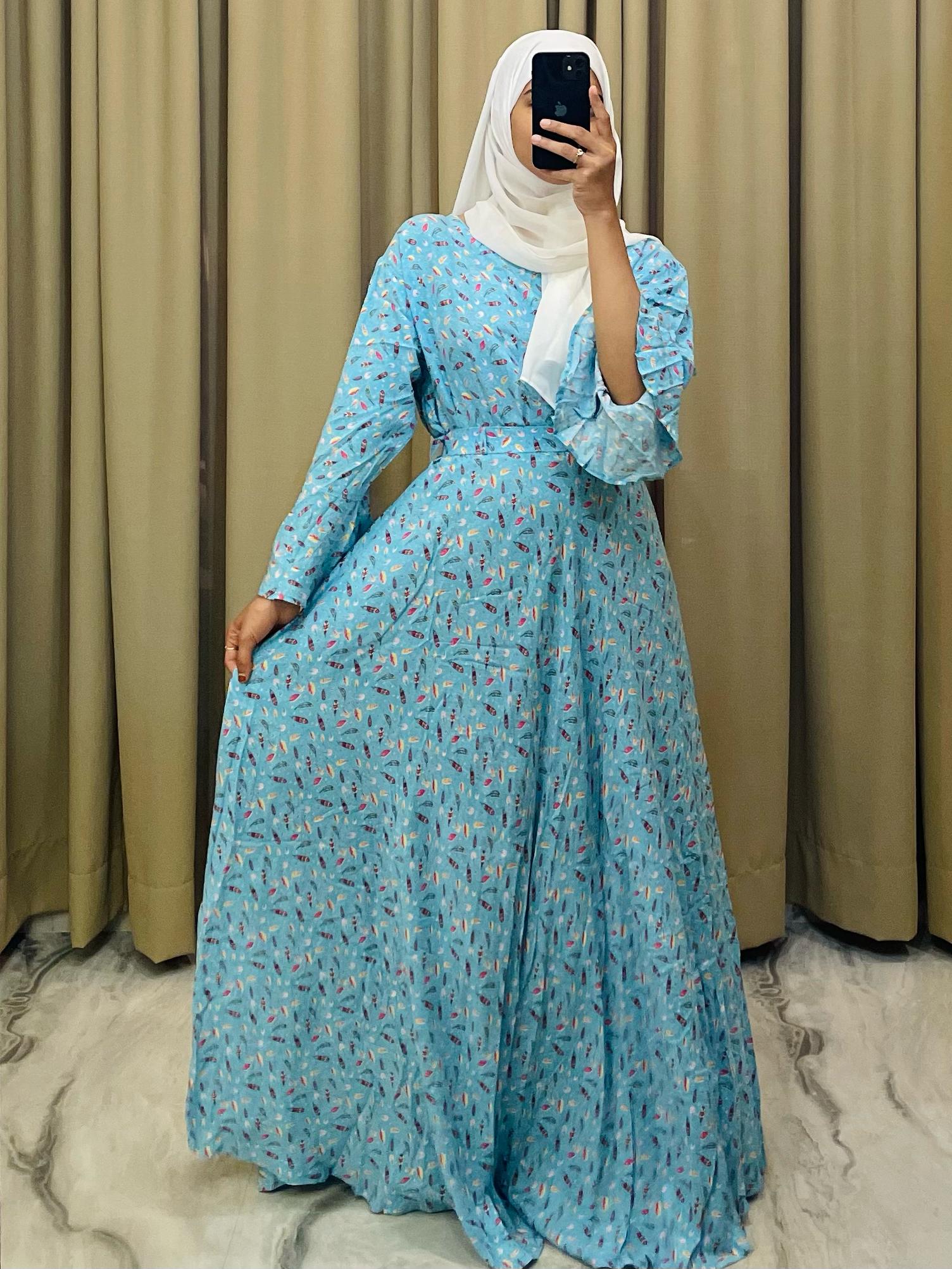 Sky Blue Printed Flared Maxi Dress