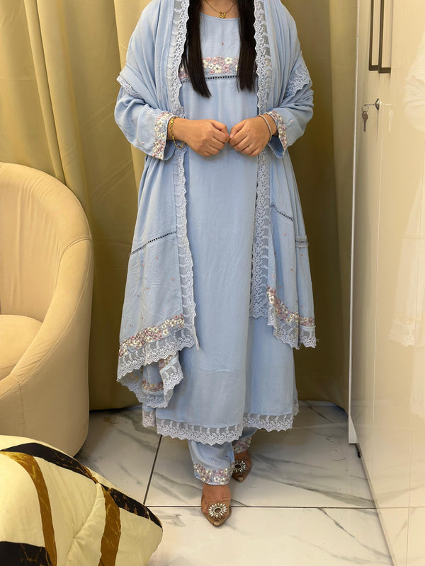 Powder Blue Hand Embroidery Premium Imported Crush Suit Set