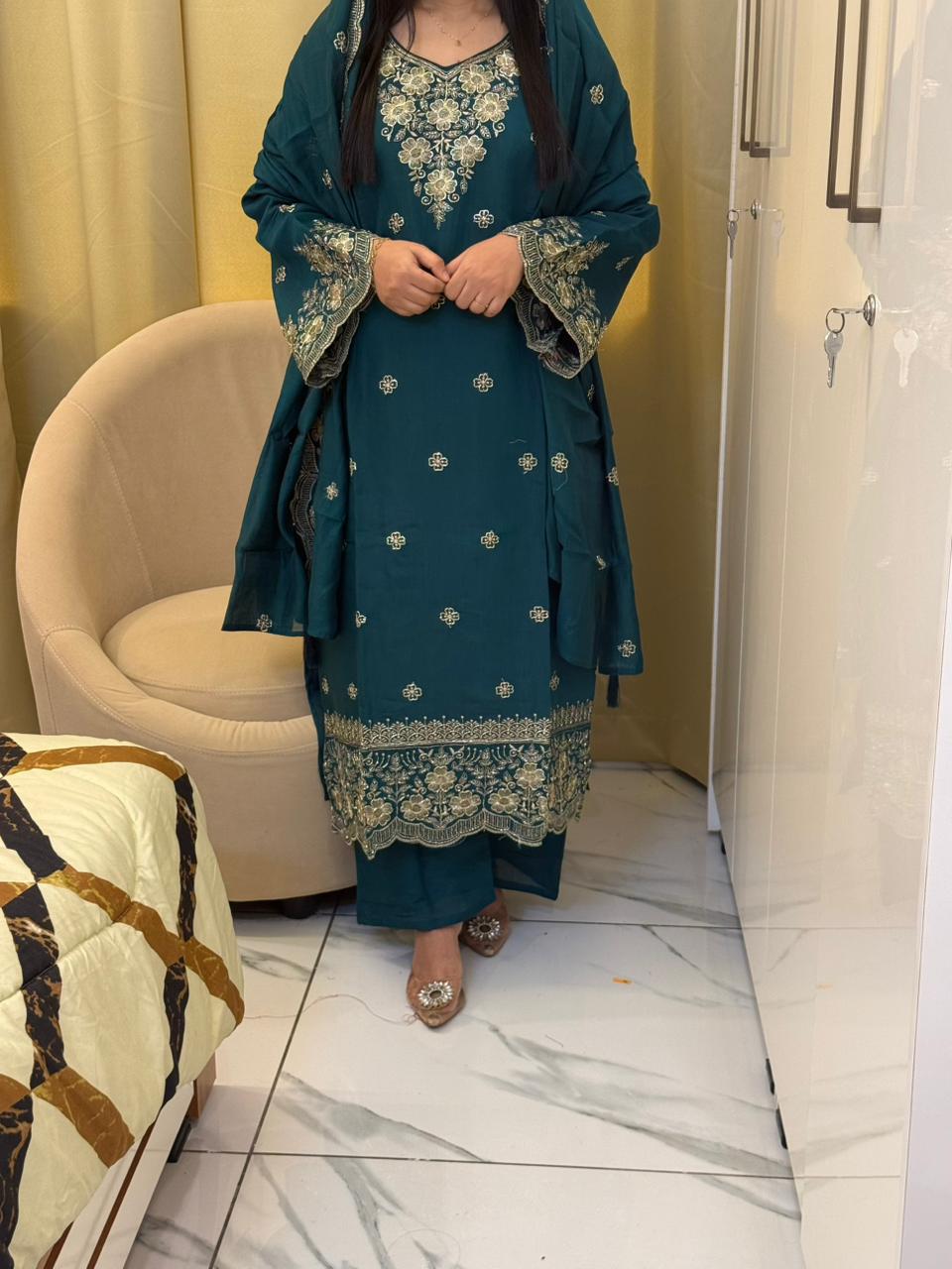 Mustard Brown Embroidered Elegant Suit Set with Dupatta