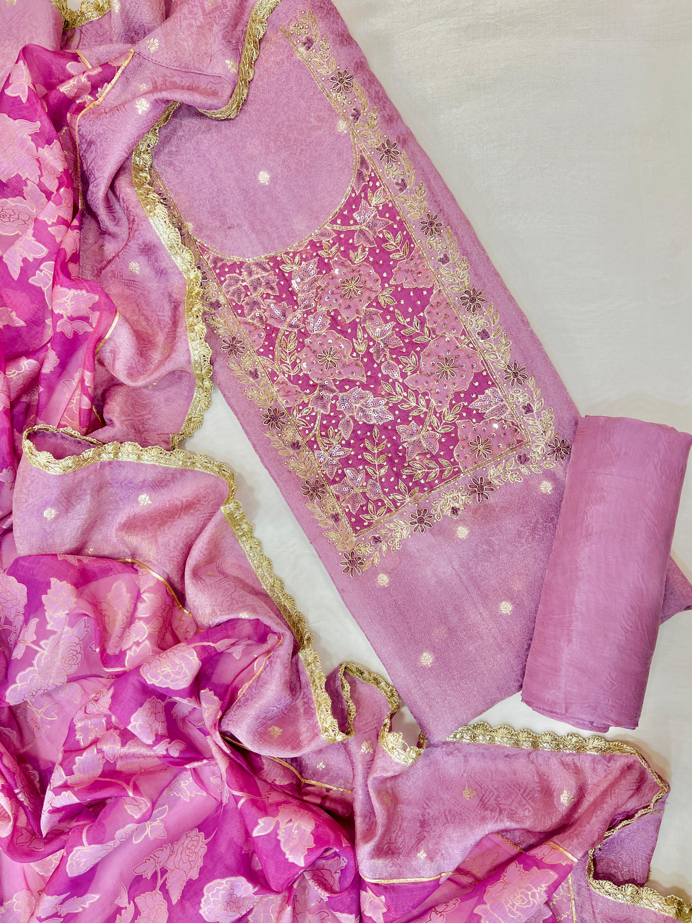 Luxury Pink Embroidered Unstitched Suit Set with Chiffon Dupatta