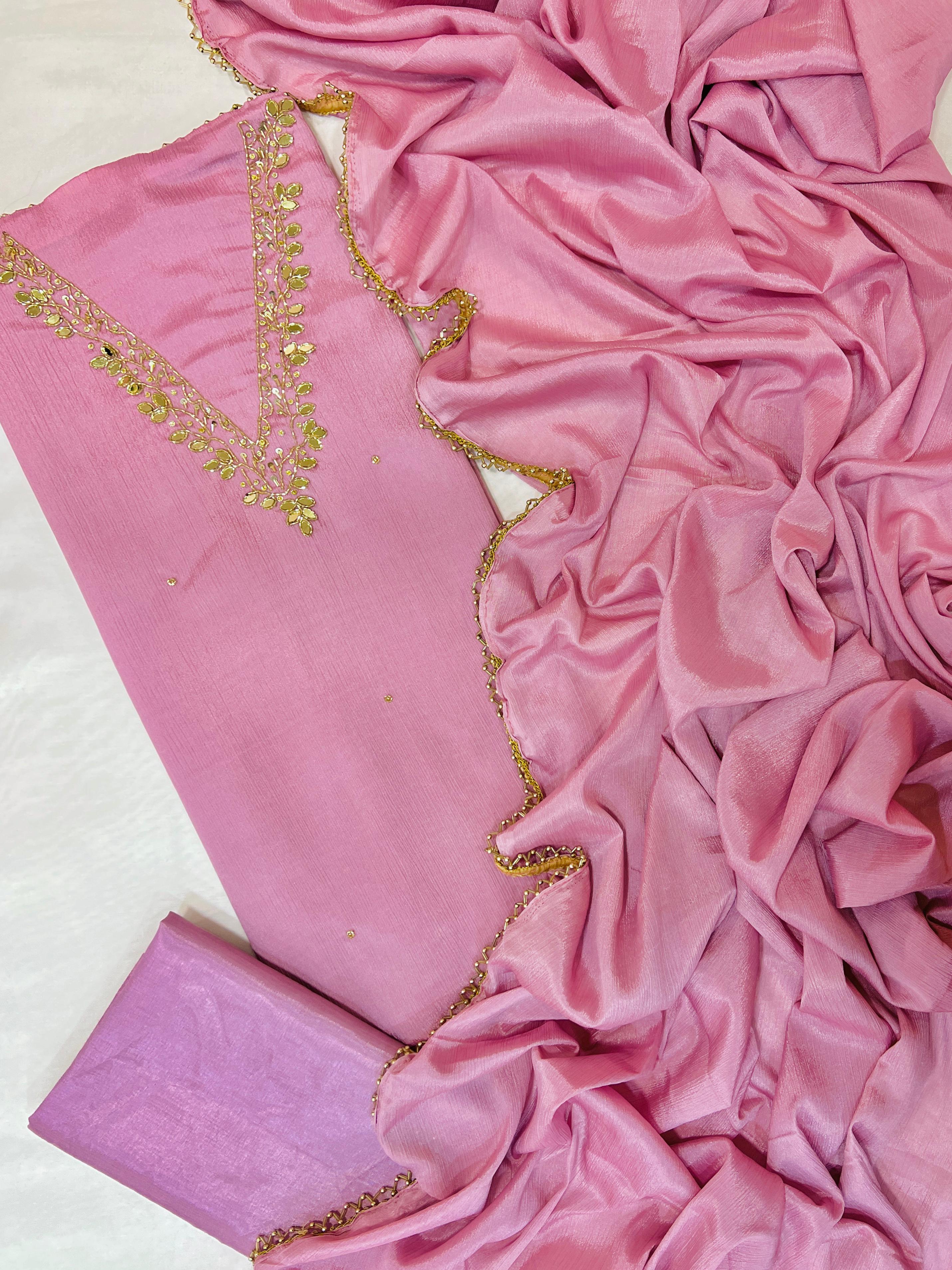 Rose Pink Minimal Embroidered Suit Set with Soft Dupatta