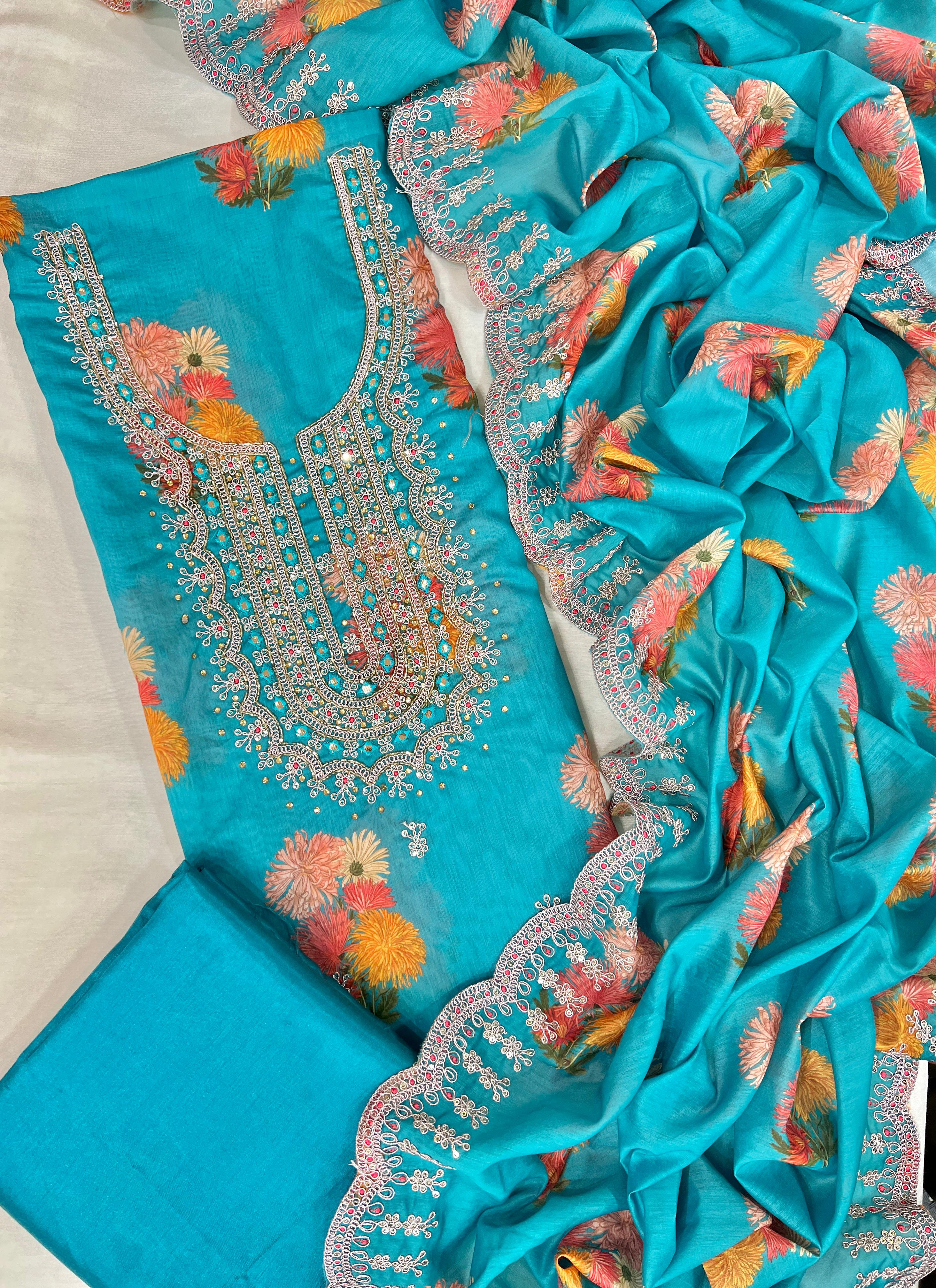Turquoise Blue Floral Chanderi Suit Set with Embroidered Neckline