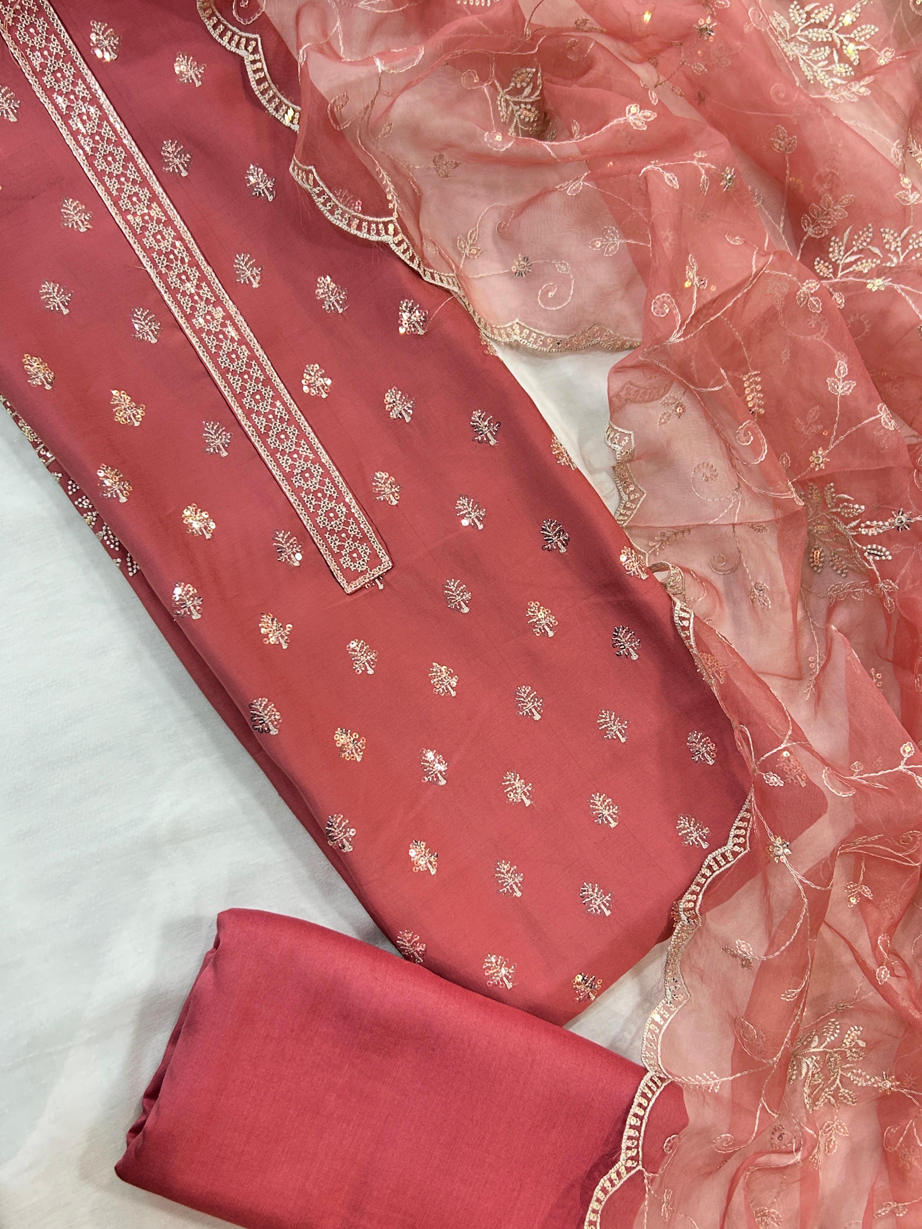 Modal Embroidered Suit Set with Soft Organza Dupatta