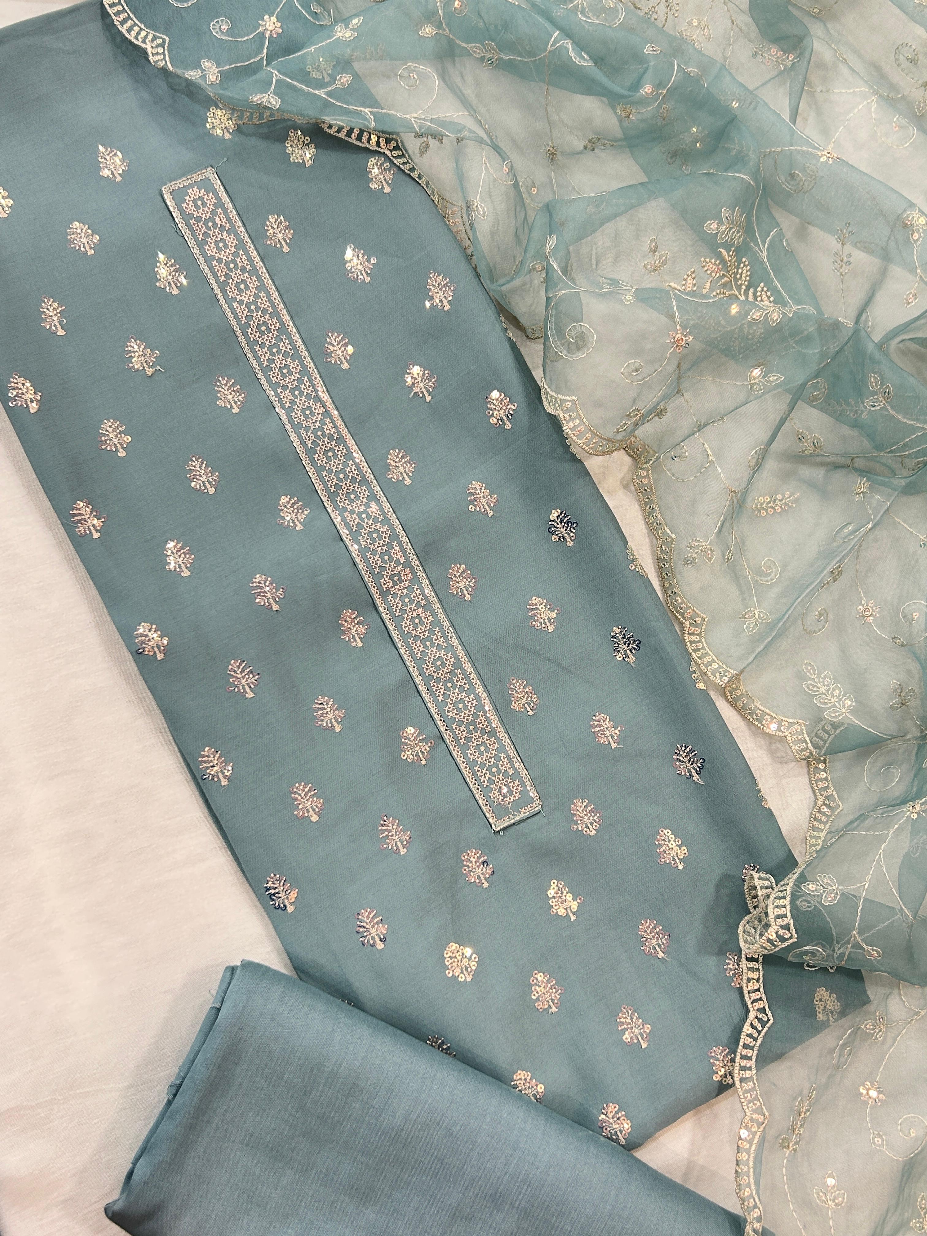 Modal Embroidered Suit Set with Soft Organza Dupatta