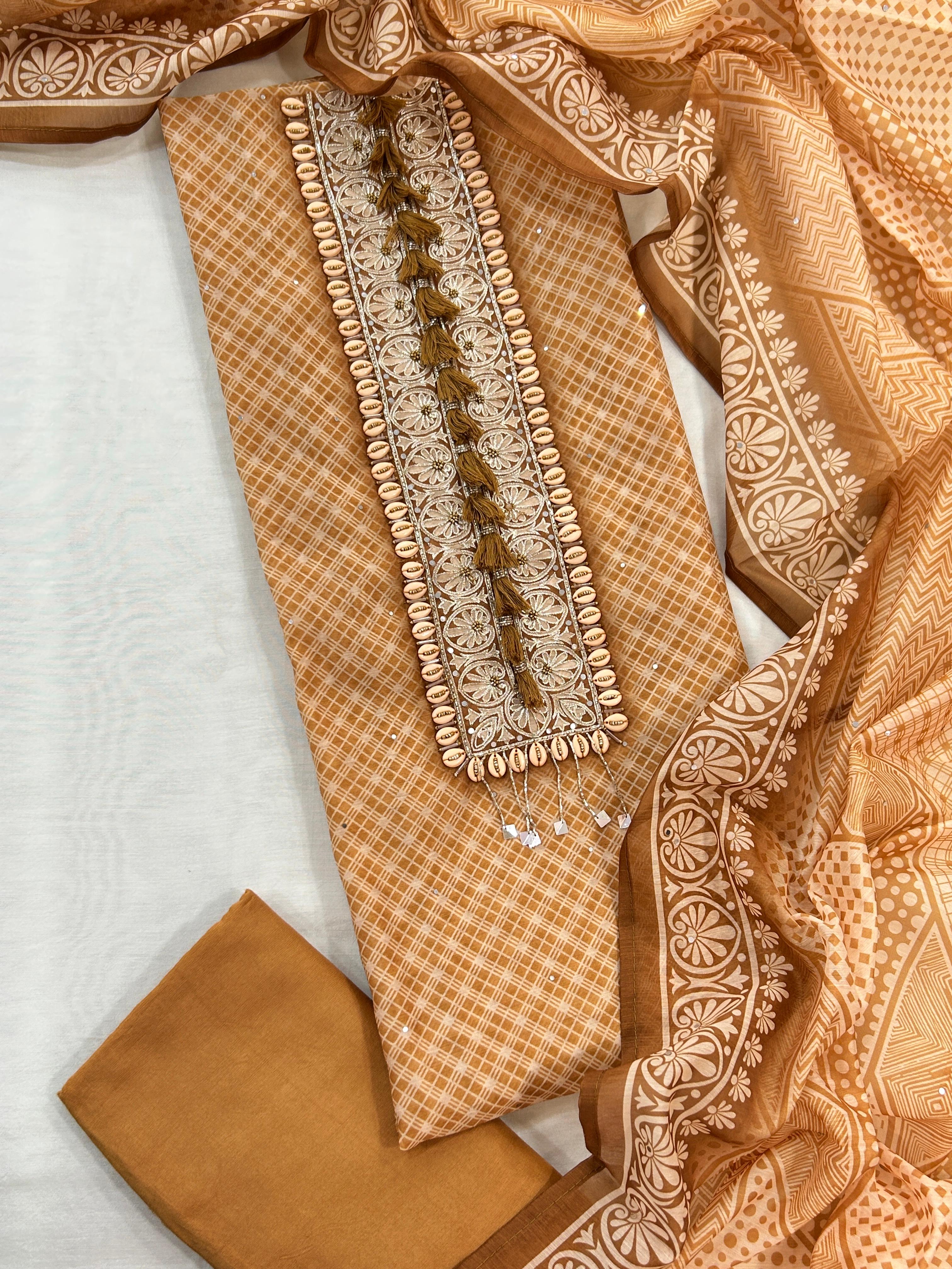 Mustard Brown Chanderi Unstitched Suit with Embroidered Panel &amp; Printed Dupatta