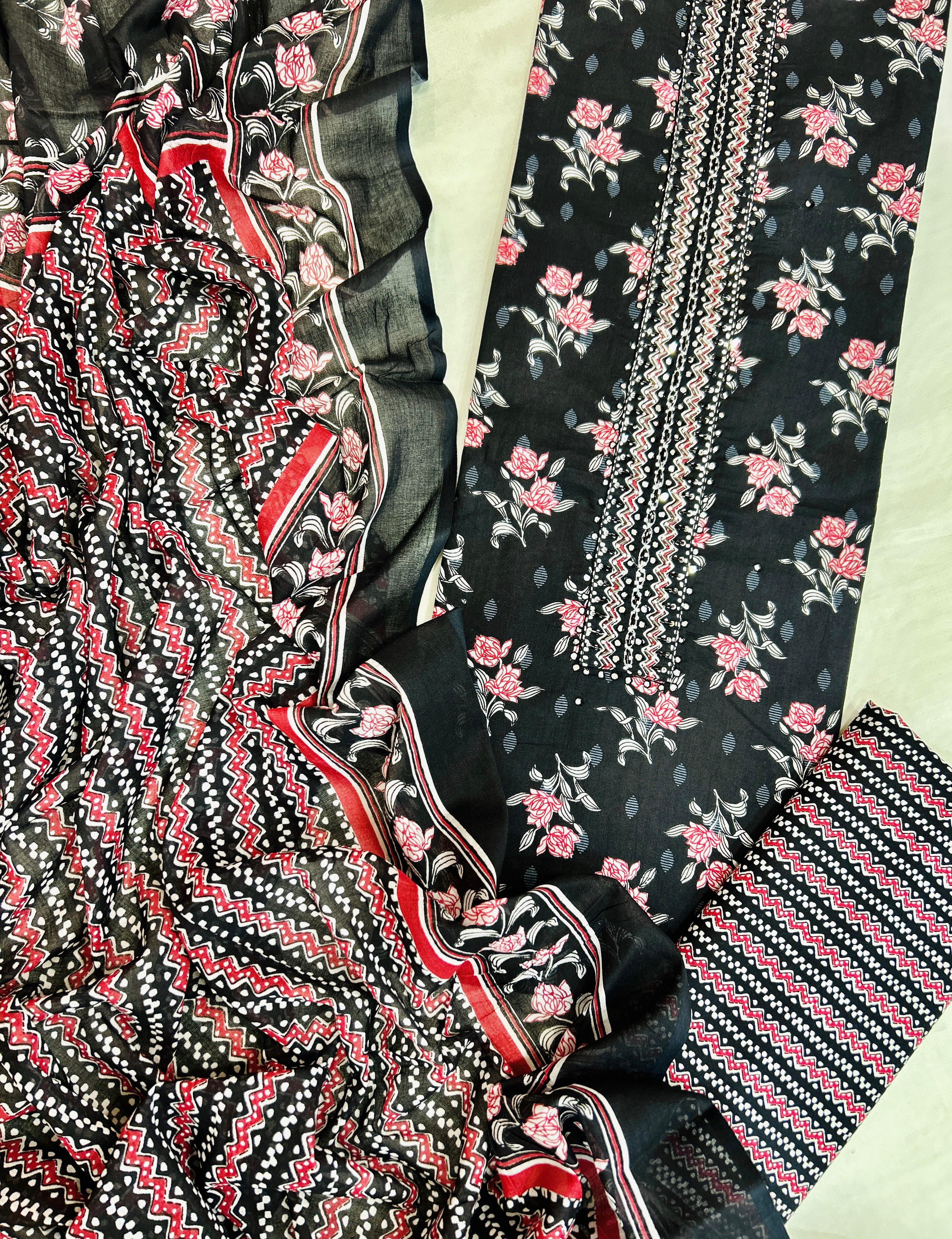 Black &amp; Red Floral Printed Unstitched Suit with Dupatta