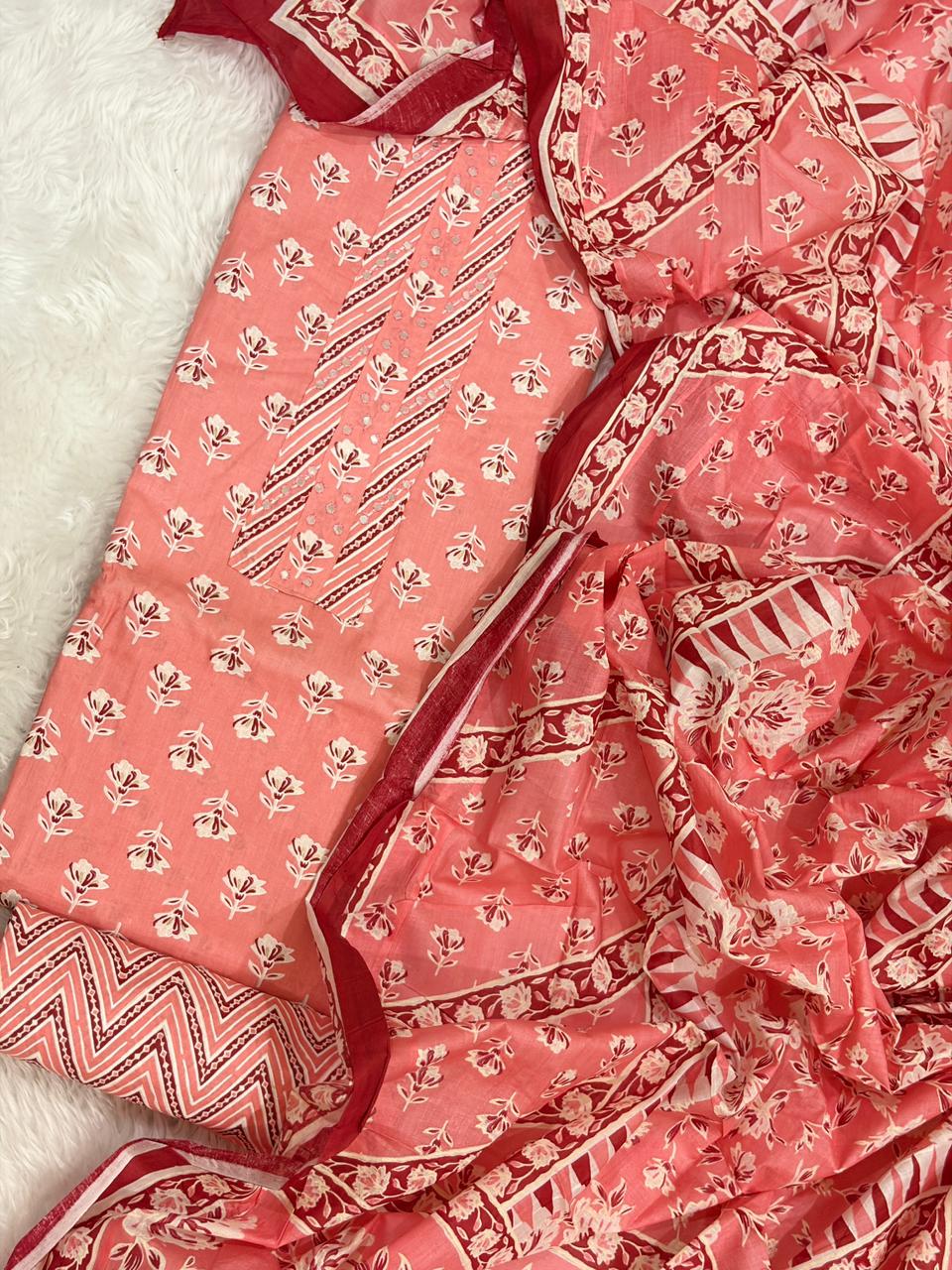 Traditional Geometric Print Soft Cotton Unstitched Suit with Designer Dupatta