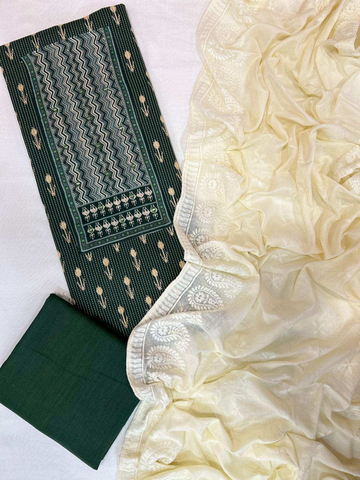 Olive Printed Unstitched Kurta Fabric Set