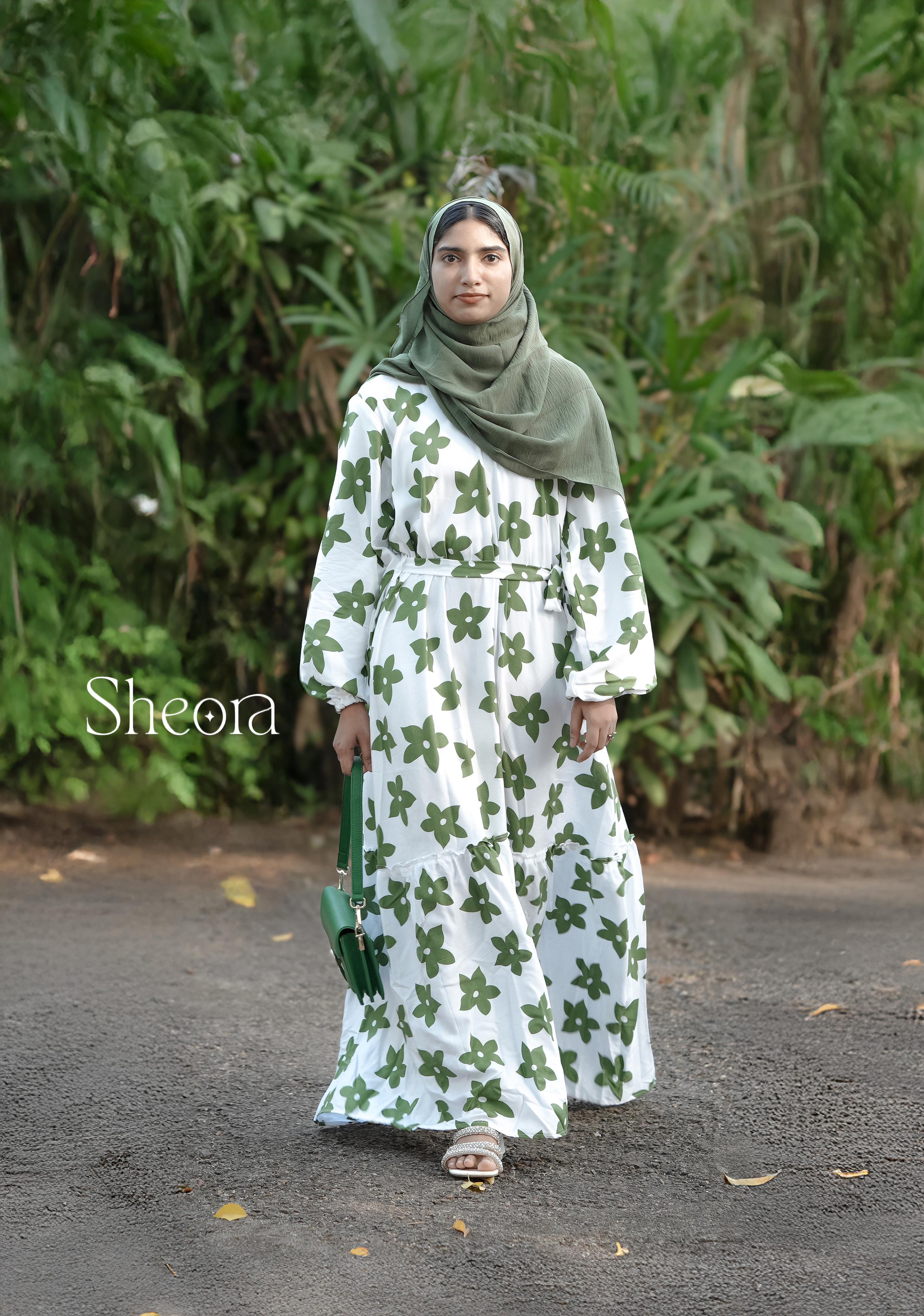 Ivory Green Floral Premium Rayon Cotton Maxi Dress