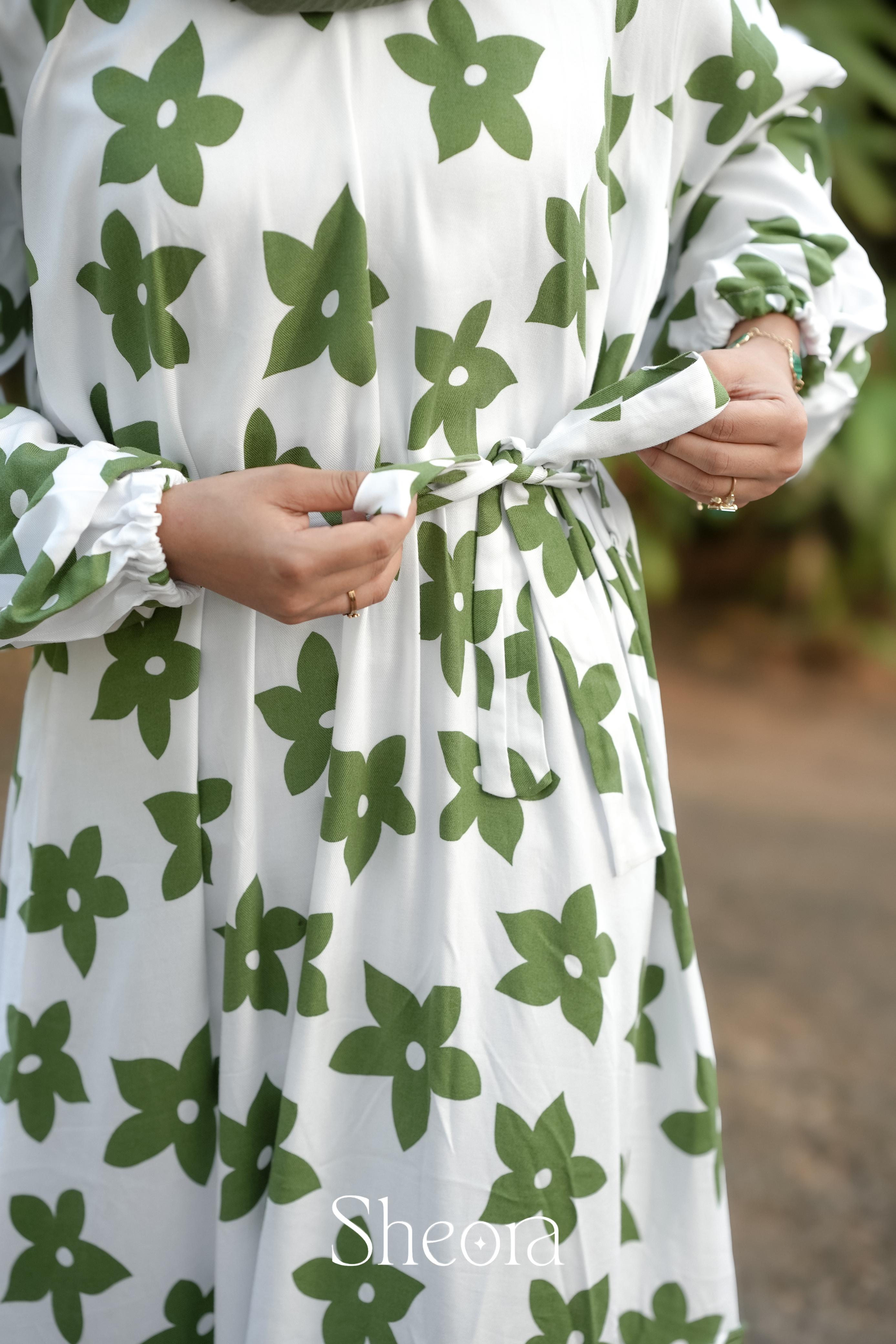 Ivory Green Floral Premium Rayon Cotton Maxi Dress