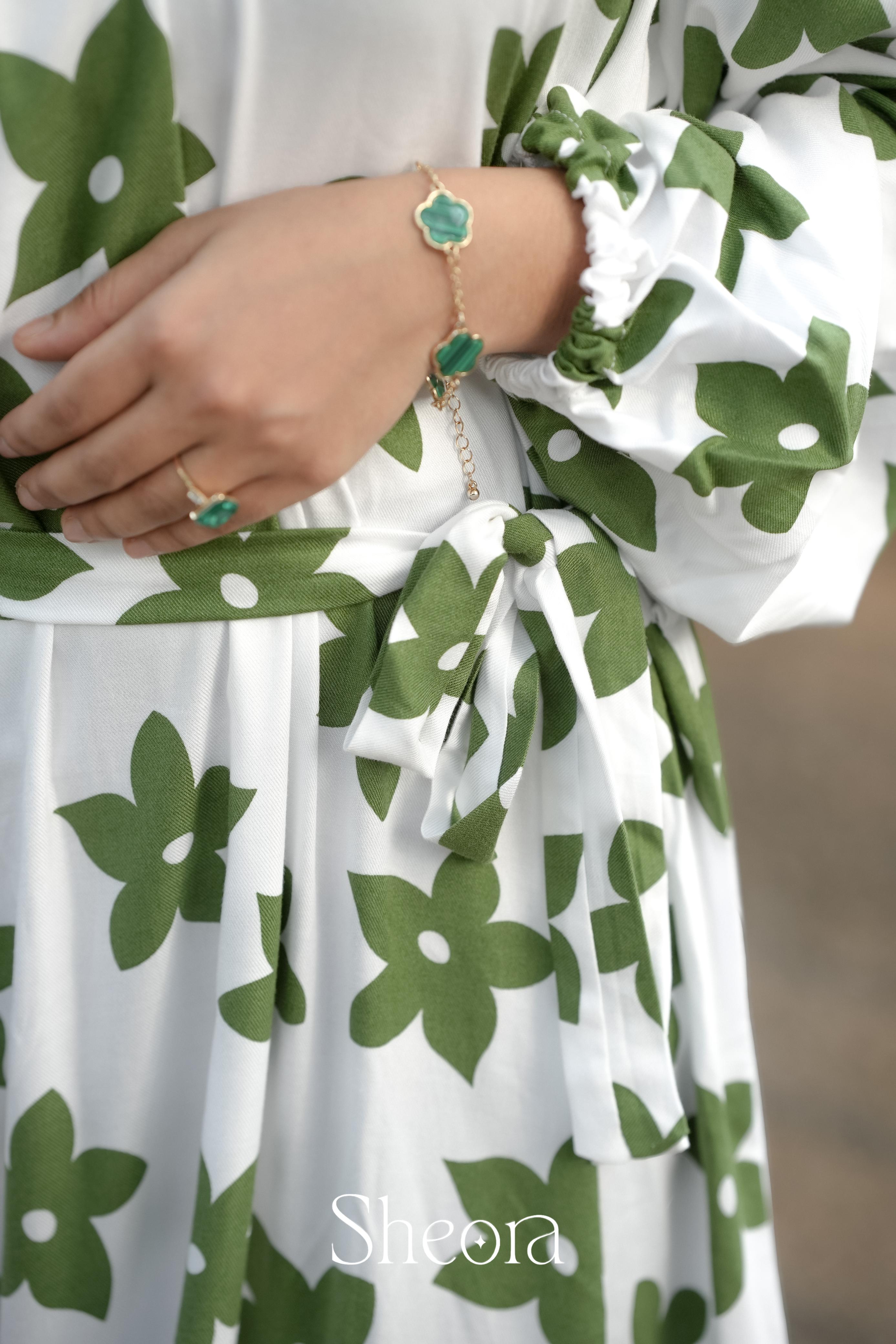 Ivory Green Floral Premium Rayon Cotton Maxi Dress