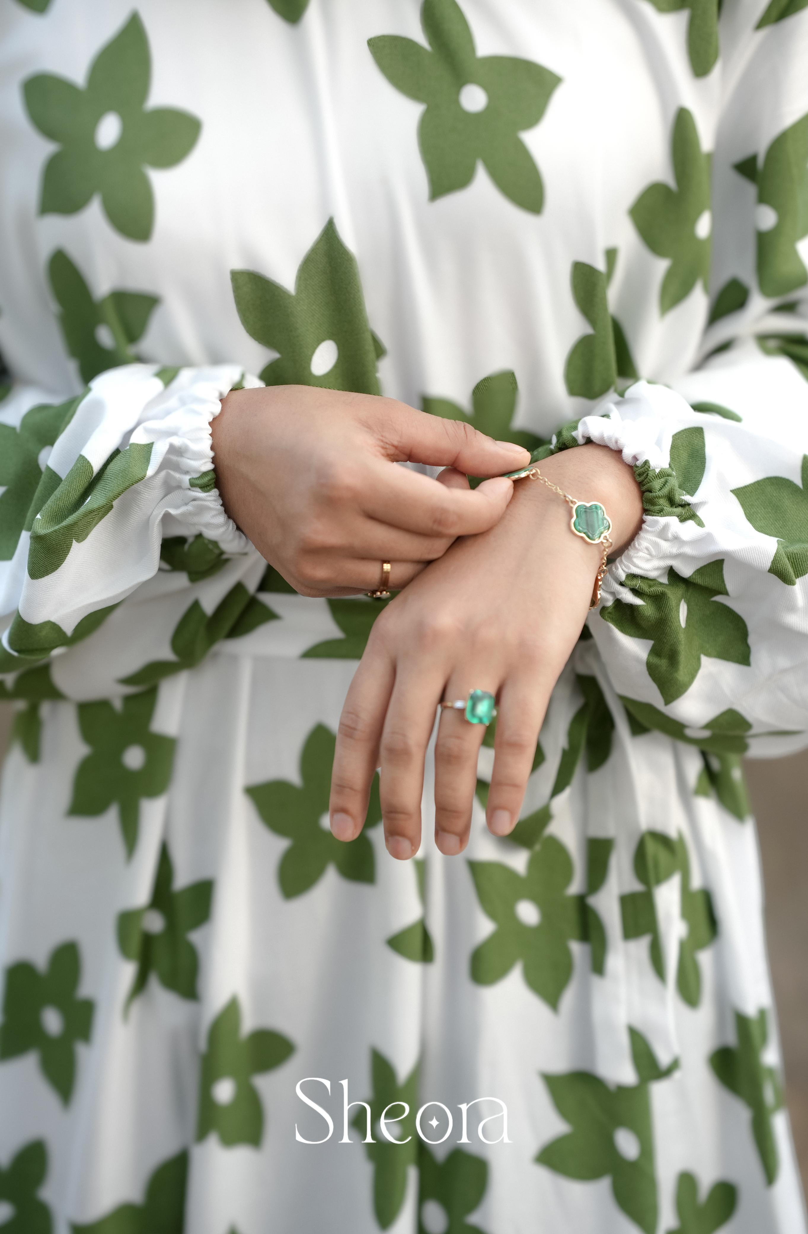 Ivory Green Floral Premium Rayon Cotton Maxi Dress