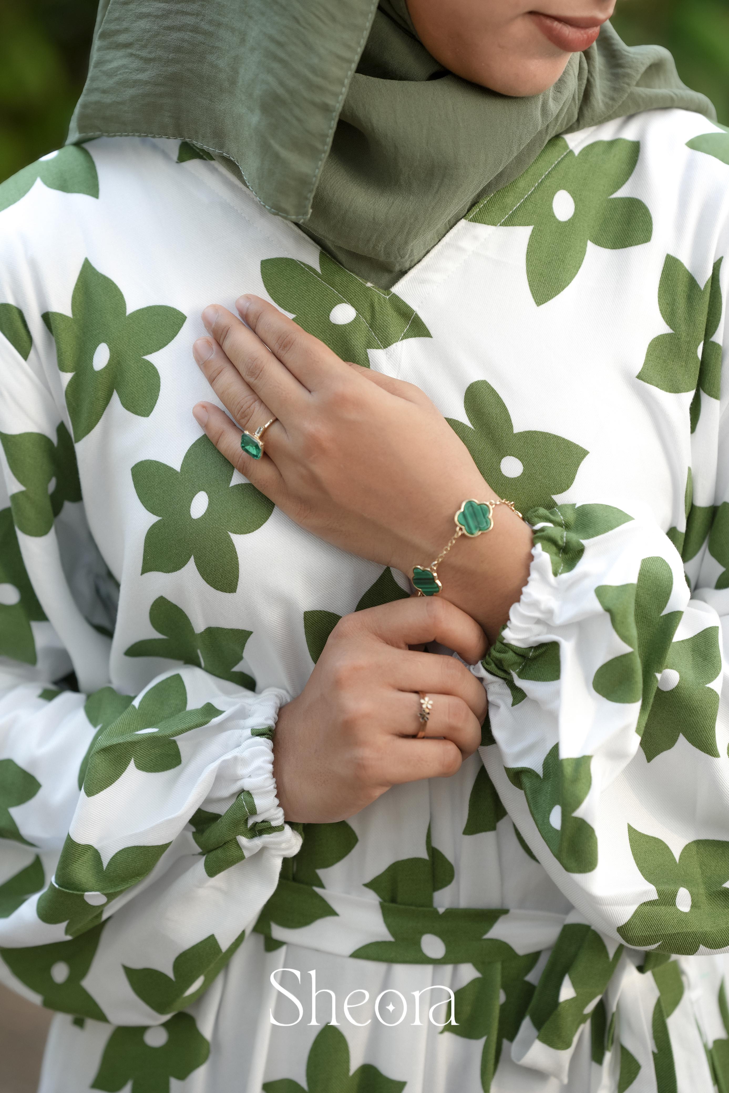 Ivory Green Floral Premium Rayon Cotton Maxi Dress