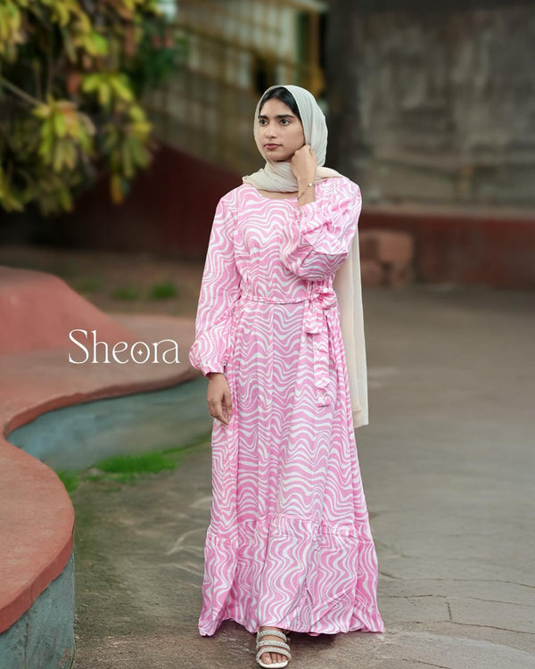 Pink Wave Print Belted Maxi Dress – Premium Rayon Cotton
