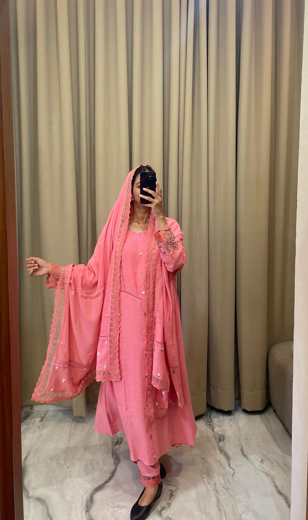 Peach Pink Handembroidery Premium Imported Crush Suit Set