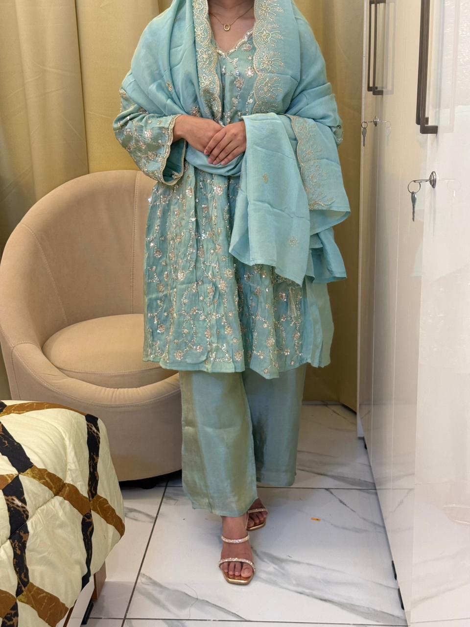 Hand Embroidered Partywear Suit Set with Dupatta