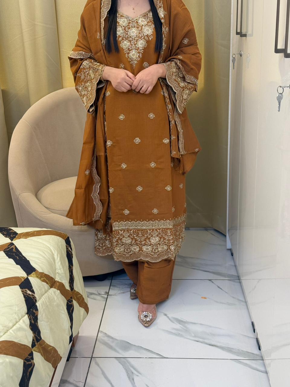 Mustard Brown Embroidered Elegant Suit Set with Dupatta