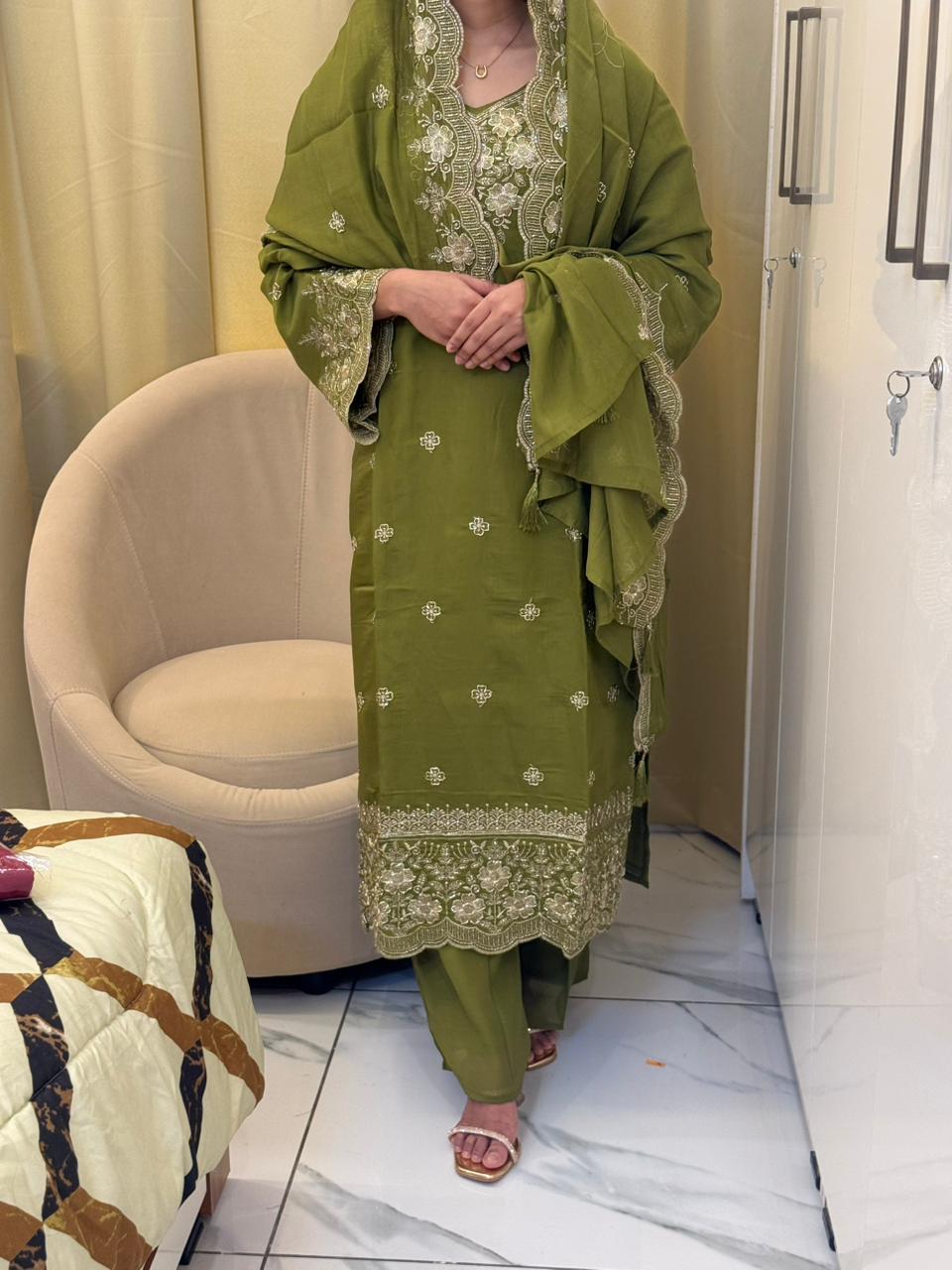 Mustard Brown Embroidered Elegant Suit Set with Dupatta
