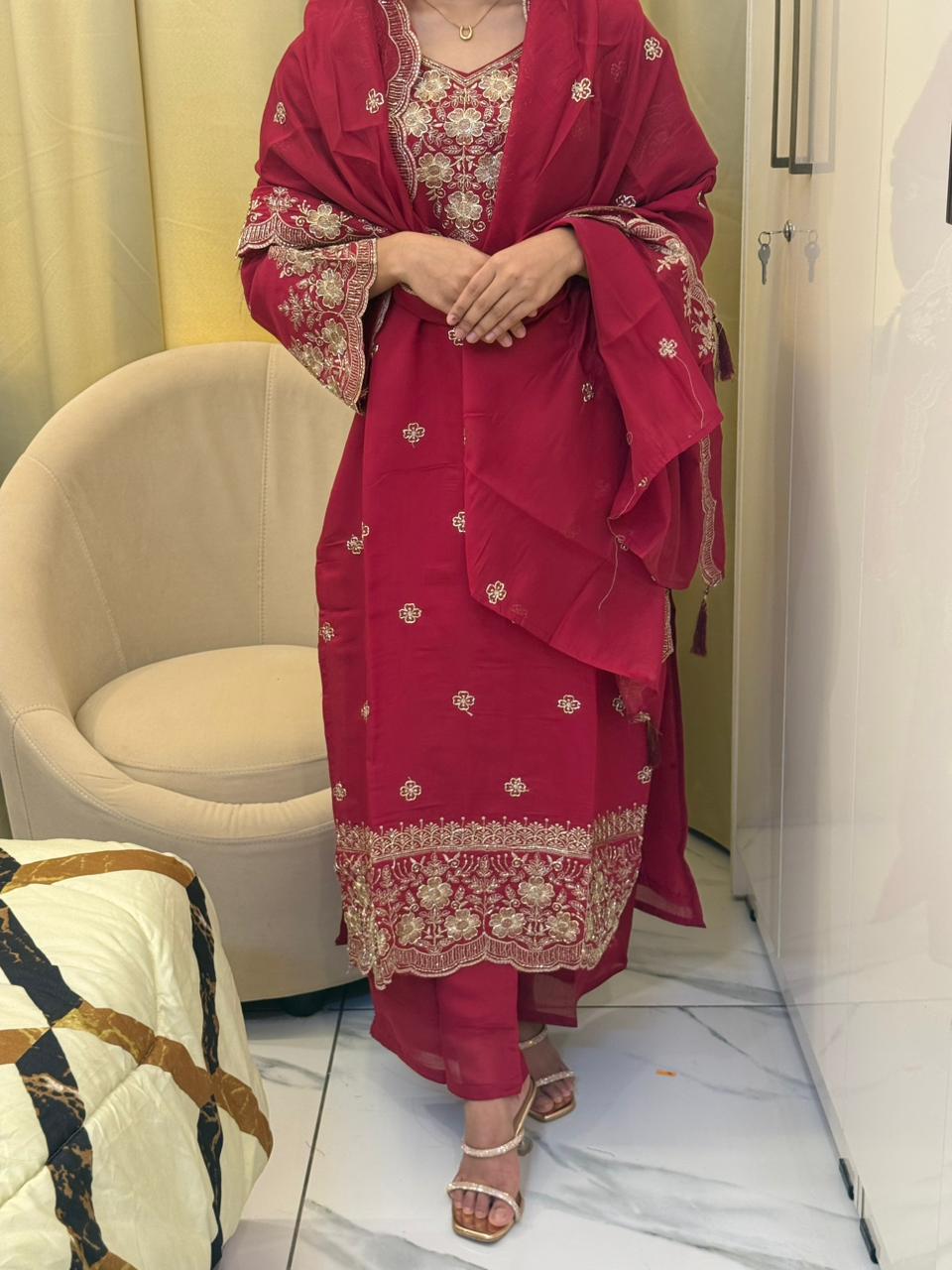 Mustard Brown Embroidered Elegant Suit Set with Dupatta