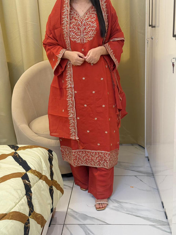 Rust Red Embroidered Semi-Partywear Suit Set with Dupatta