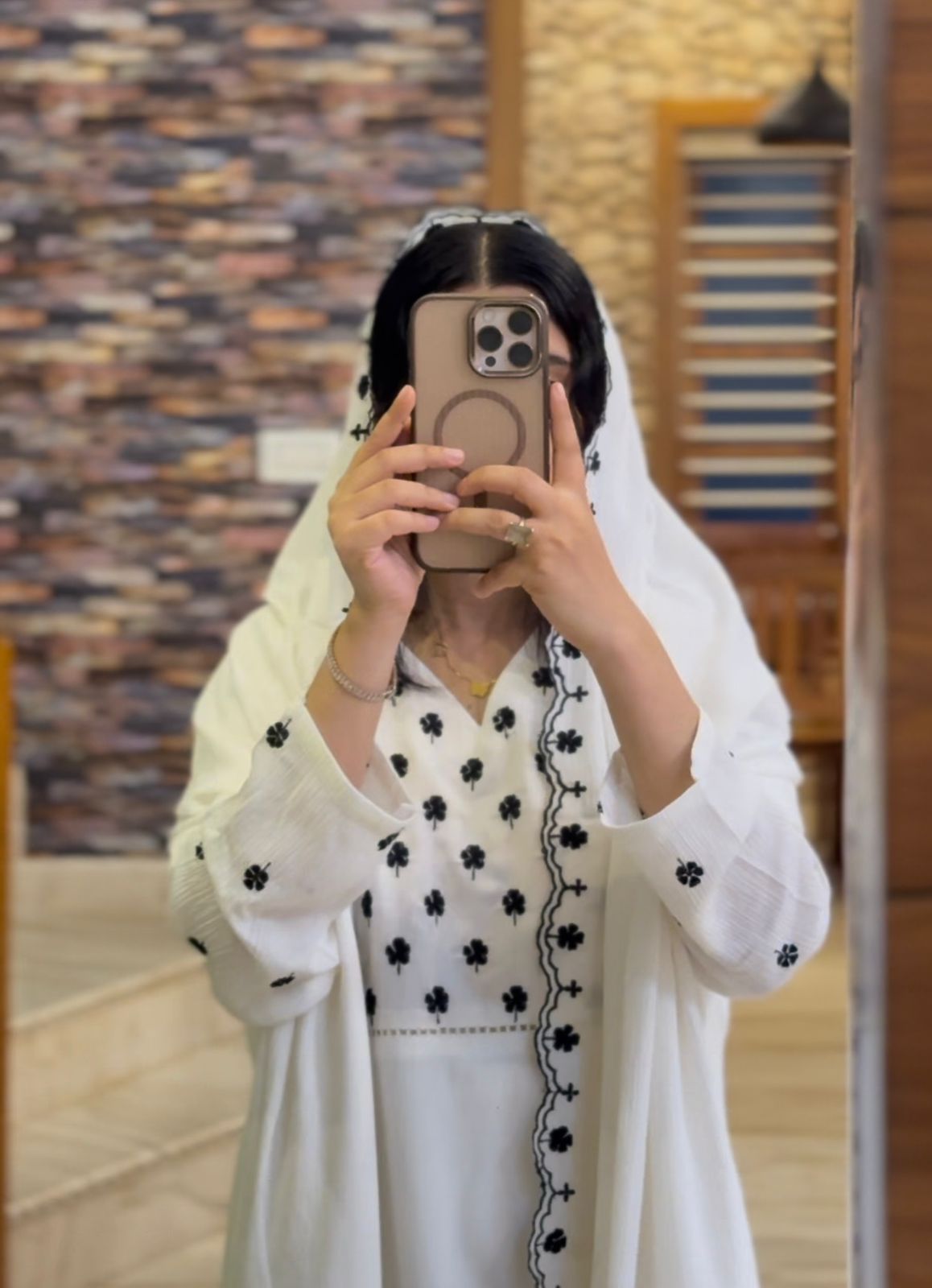 White Embroidered Suit Set with Black Detailing & Dupatta