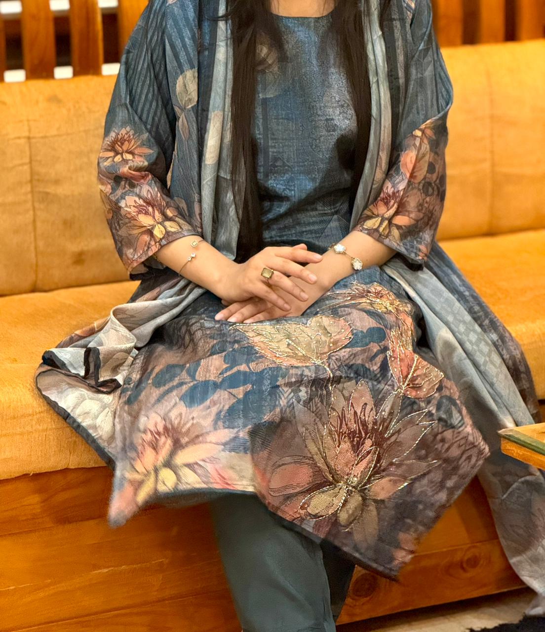 Elegant Chinnon Handwork Kurta Set with Digital Floral Print