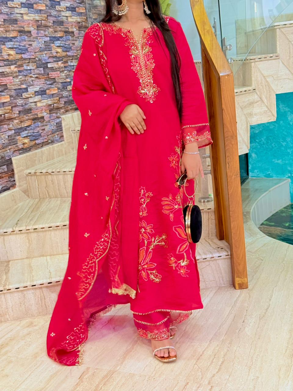 Rani Pink Dola Silk Pakistani Style Handwork Suit Set with Dupatta