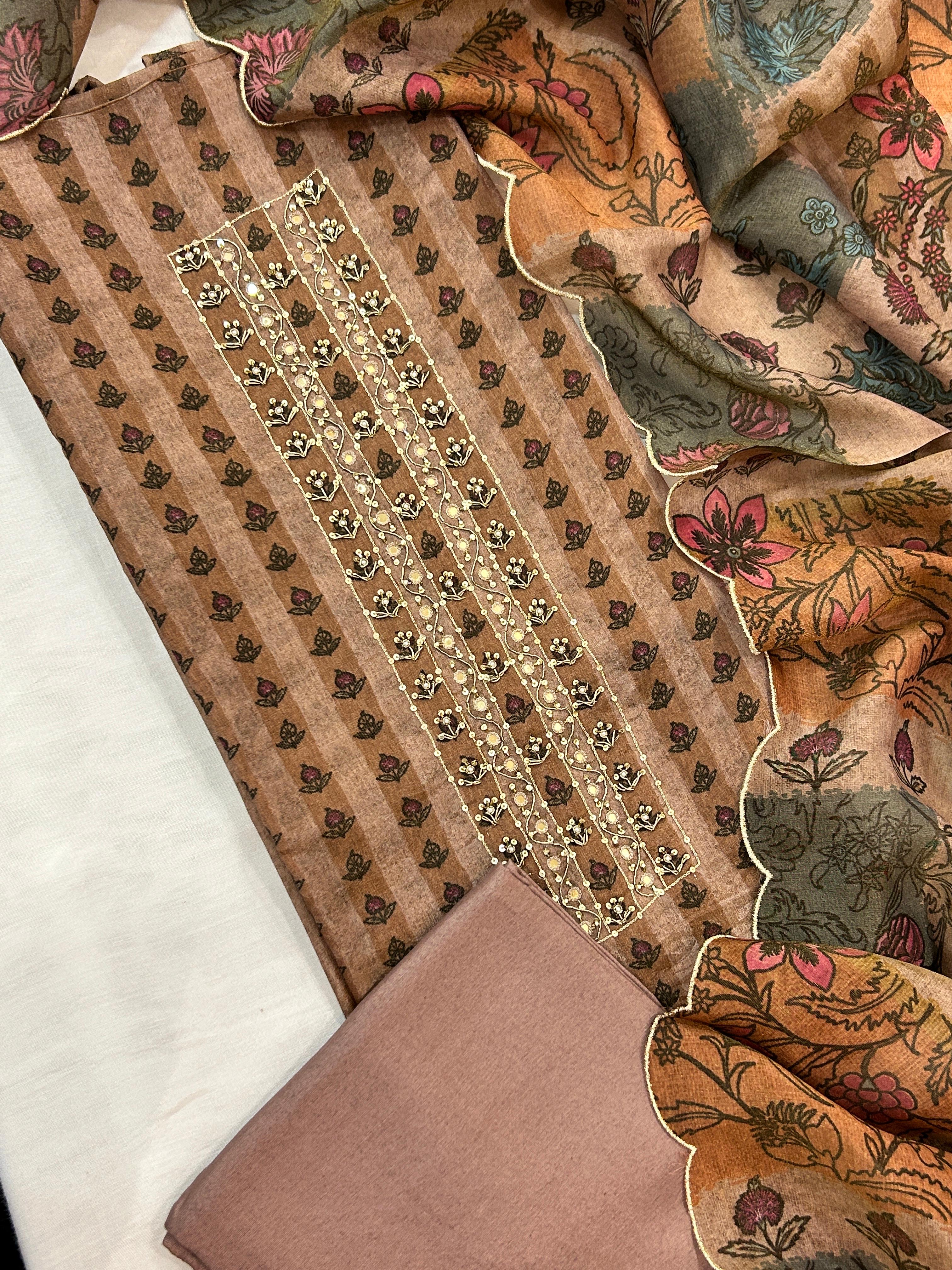Brown Printed Unstitched Suit with Embroidered Panel &amp; Printed Dupatta