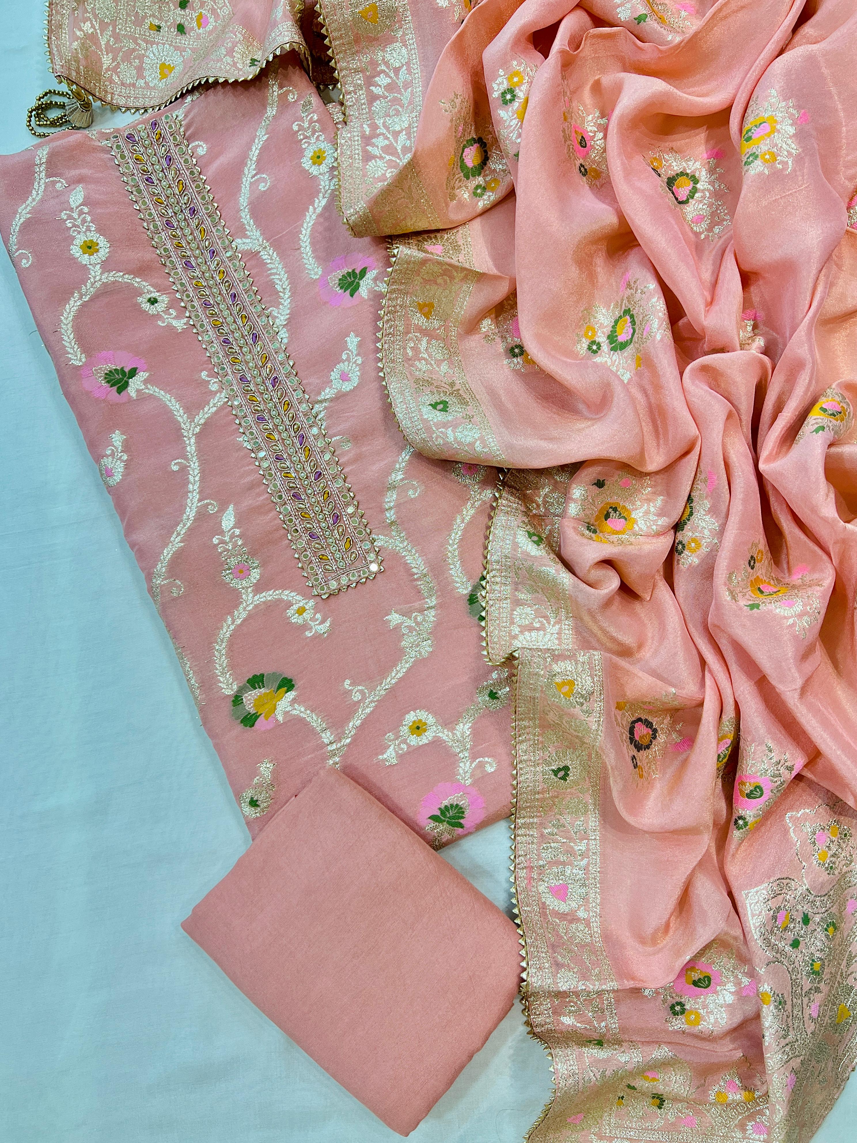 Peach Floral Zari Embroidered Suit Set with Banarasi Dupatta