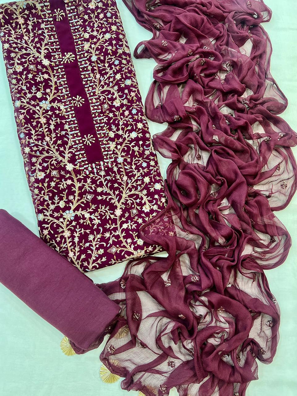 Premium Georgette Embroidered Suit Set with Designer Dupatta – Meroon