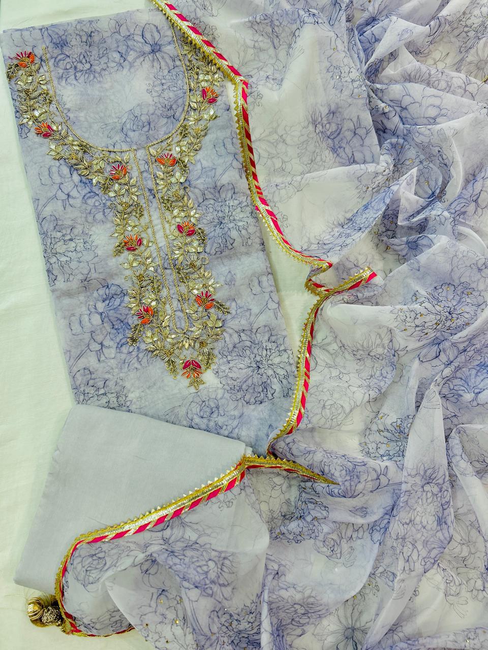 Powder Blue Handwork Chiffon Suit Set with Dupatta