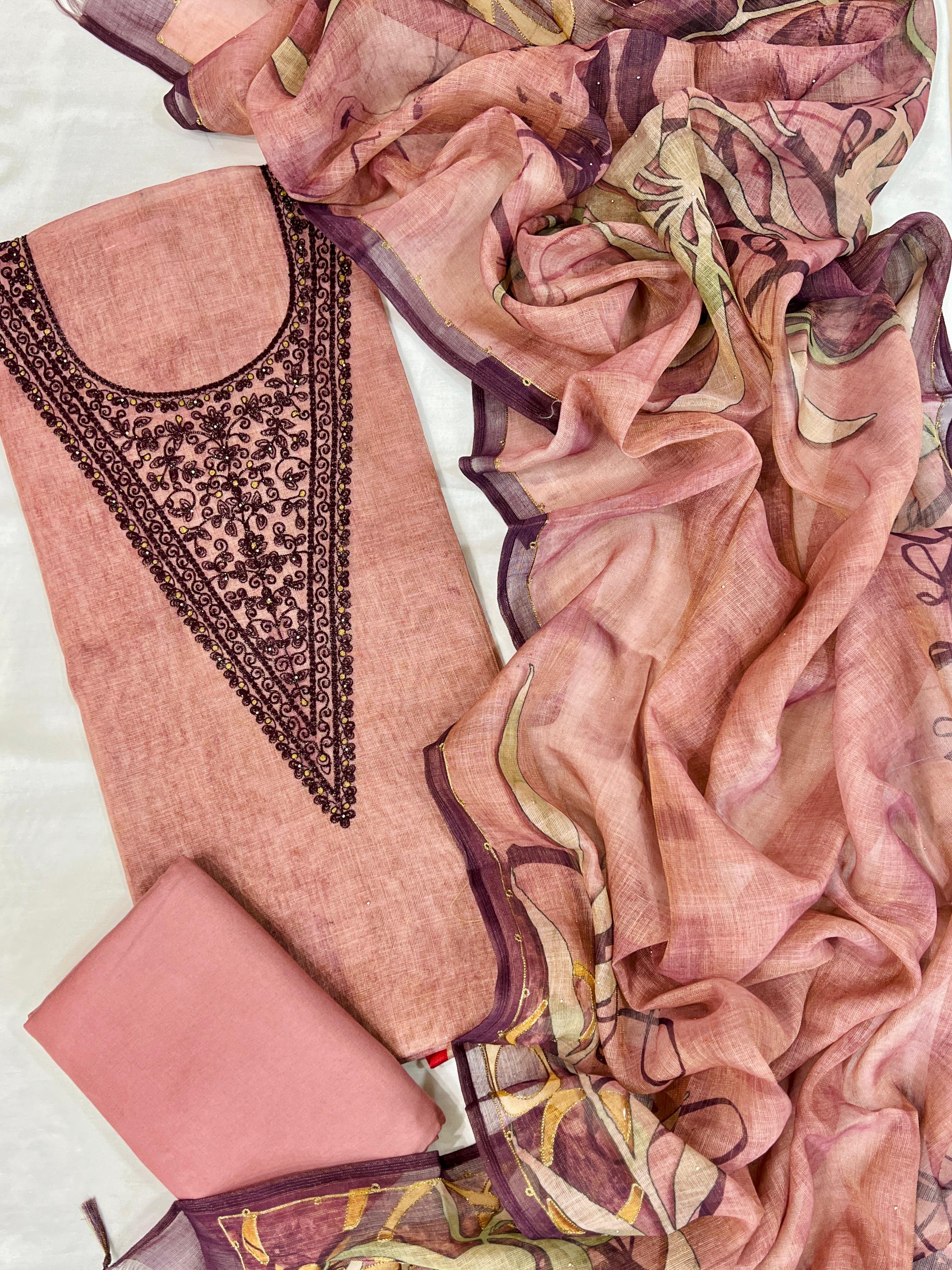 Elegant Peach Embroidered Unstitched Suit Set with Printed Dupatta