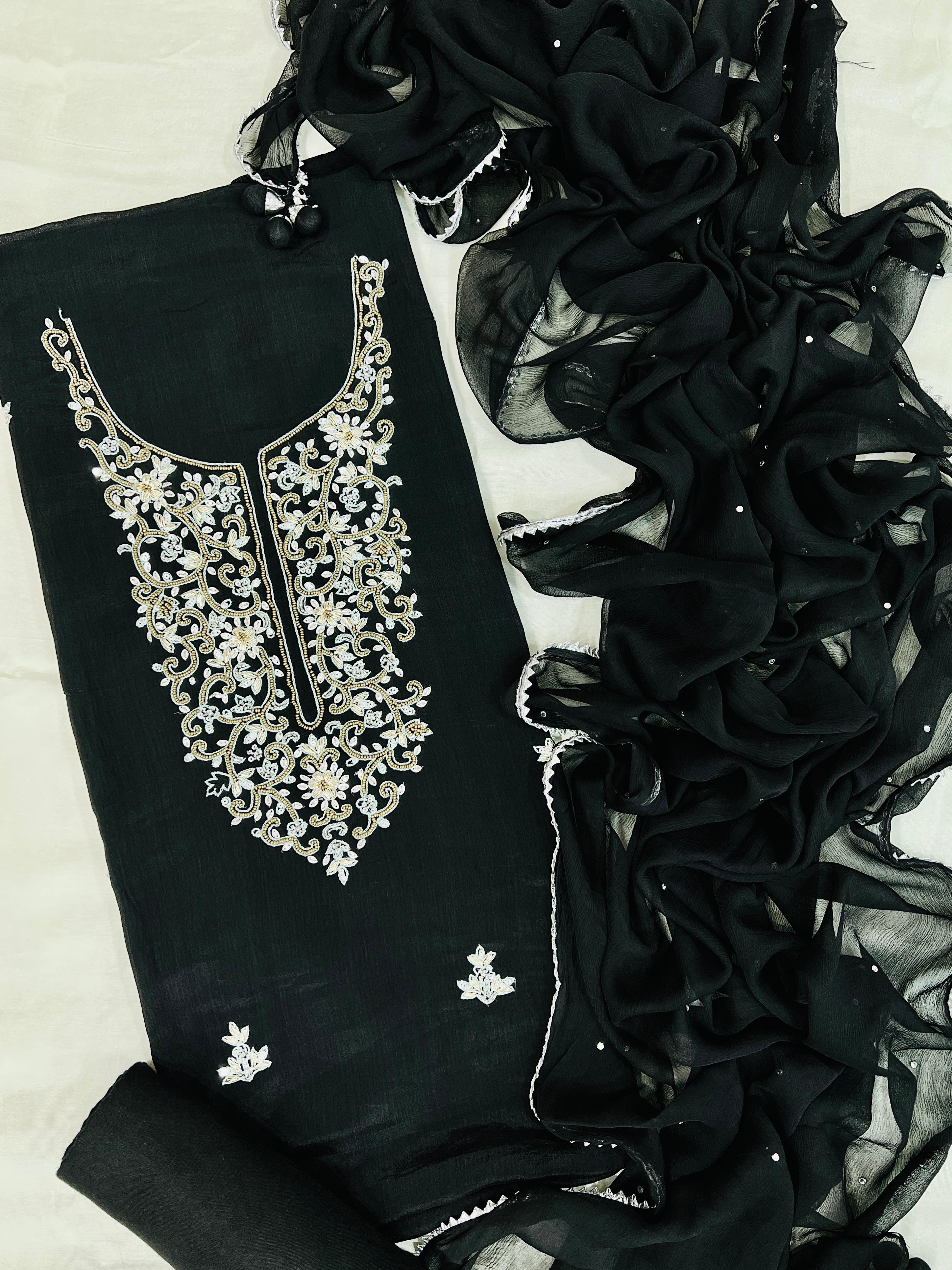 Classic Black Embroidered Unstitched Suit Set with Chiffon Dupatta
