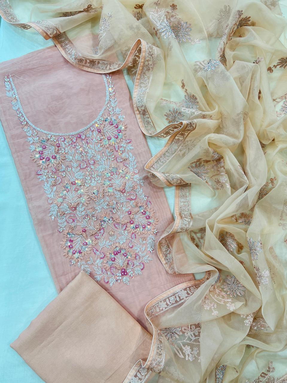 Peach Organza Heavy Embroidered Party Wear Suit Set