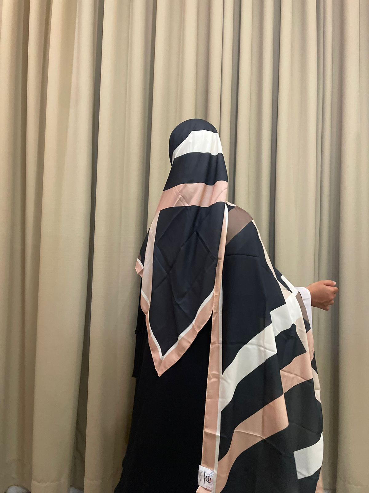 Premium Printed Hijab – Black, Blush Pink &amp; Ivory | Elegant Geometric Design